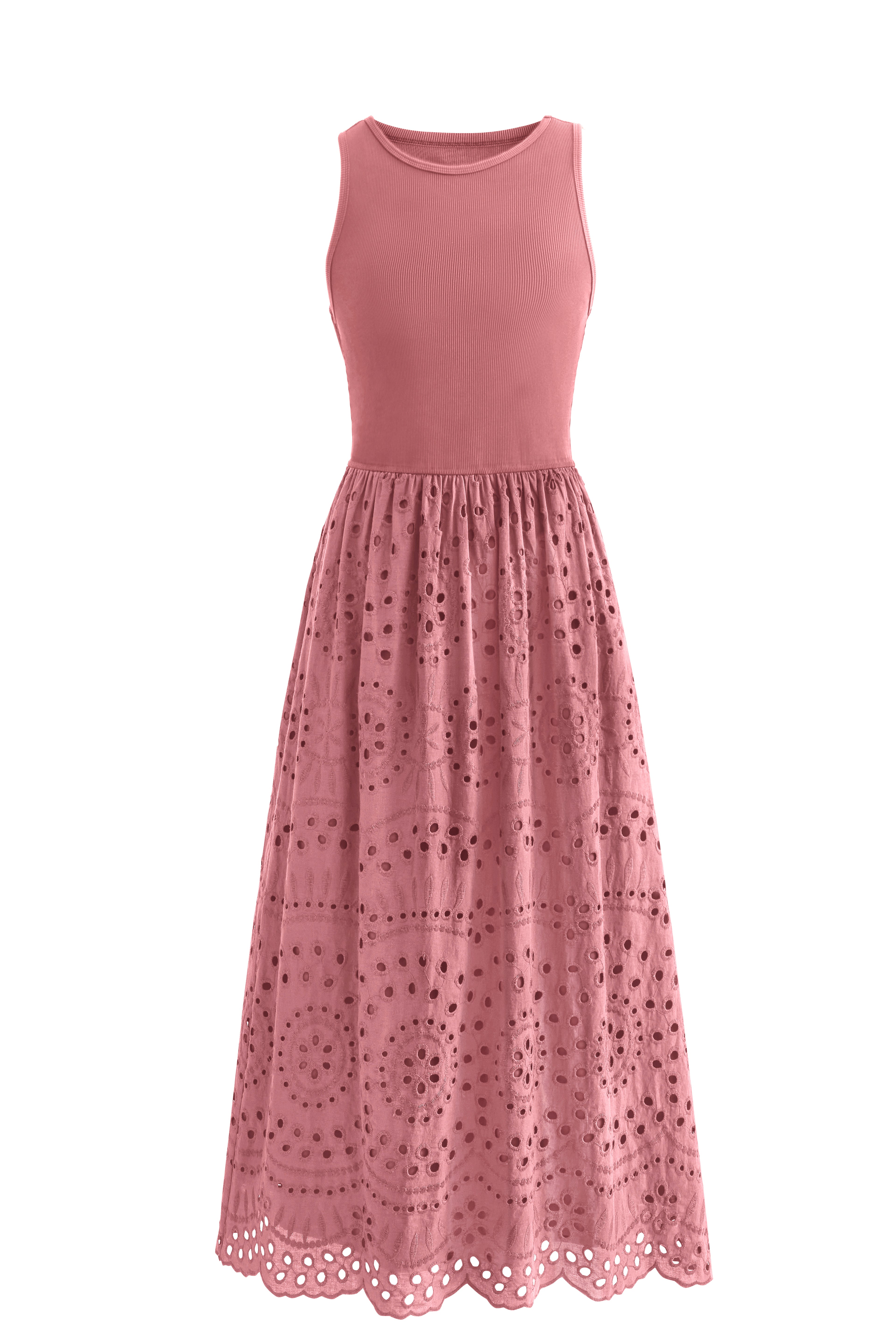 dowerme Women Summer Dresses 2025 Casual Sleeveless Crewneck A-Line Boho Lace Eyelet Cotton Tank Maxi Dress with Pockets