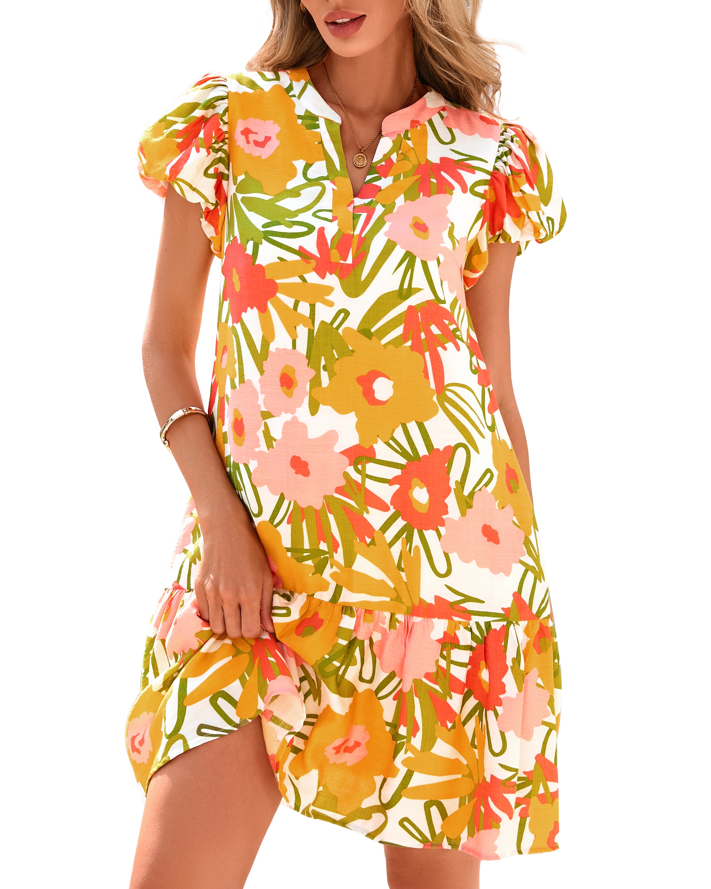 dowerme Womens Summer Dresses 2025 Puffy Sleeve V Neck Loose Floral Print A Line Boho Mini Babydoll Dress with Pockets