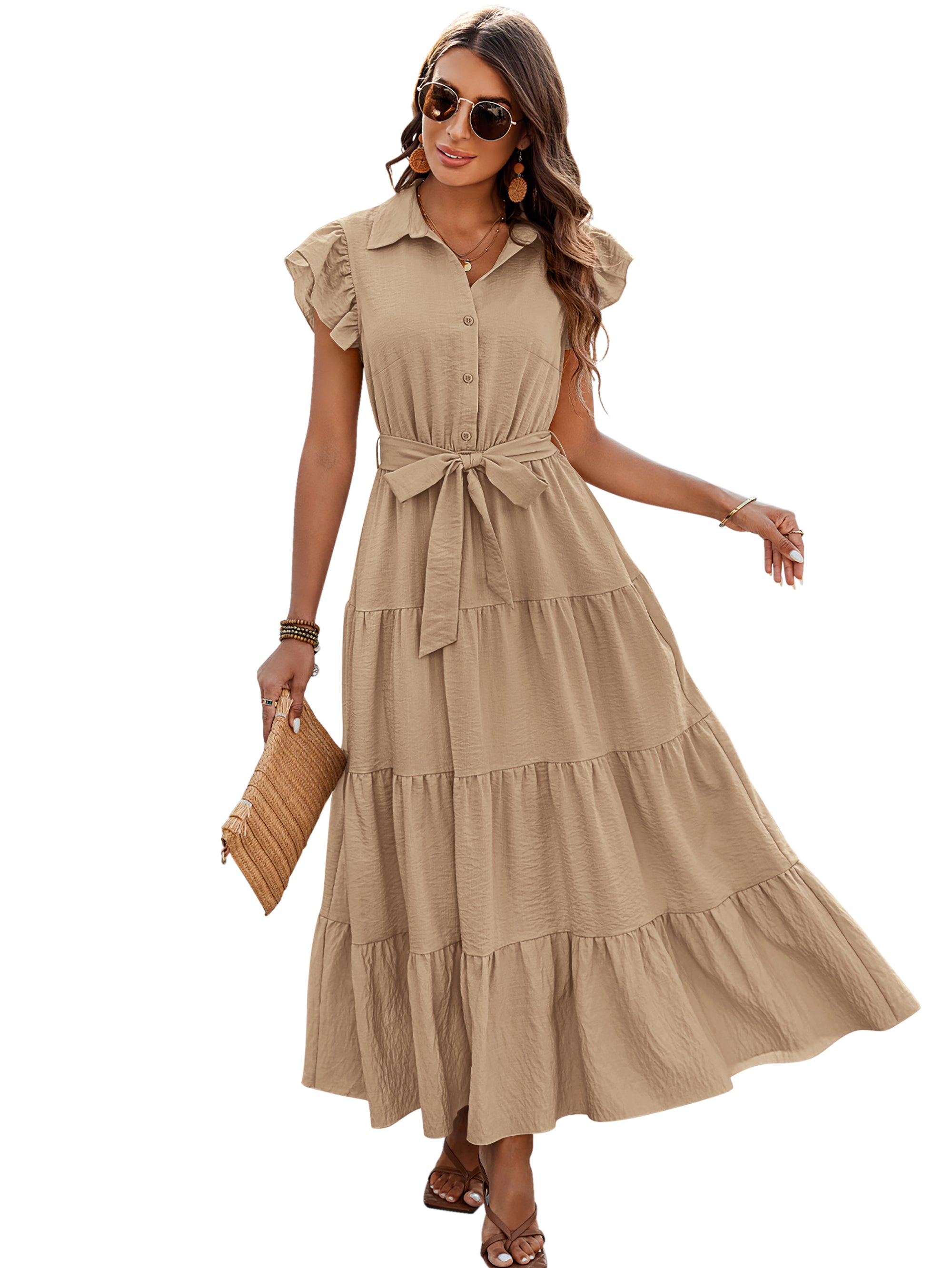 dowerme Women's Summer Casual Dresses 2025 Cap Ruffle Sleeve V Neck Button Belted Tiered Boho Maxi Dress with Pockets