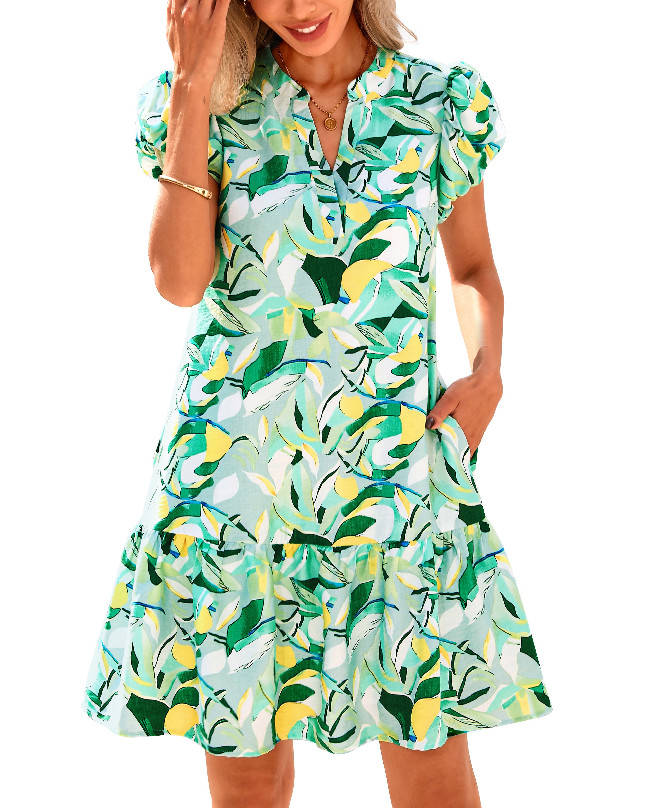 dowerme Womens Summer Dresses 2025 Puffy Sleeve V Neck Loose Floral Print A Line Boho Mini Babydoll Dress with Pockets