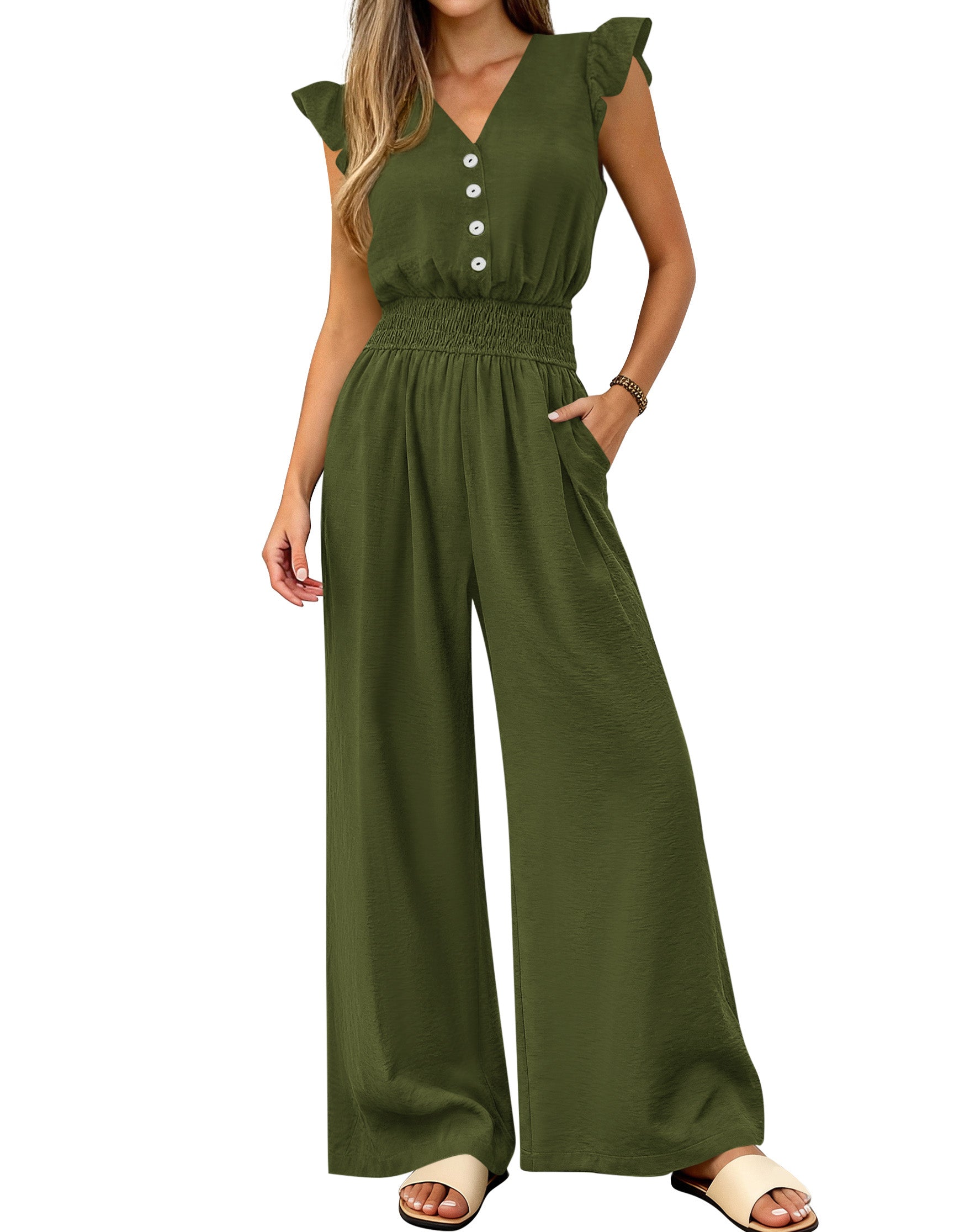 dowerme Women's Jumpsuits Dressy Casual 2026 Summer Ruffle Cap Sleeve V Neck Button Smocked Rompers Wide Leg Overalls