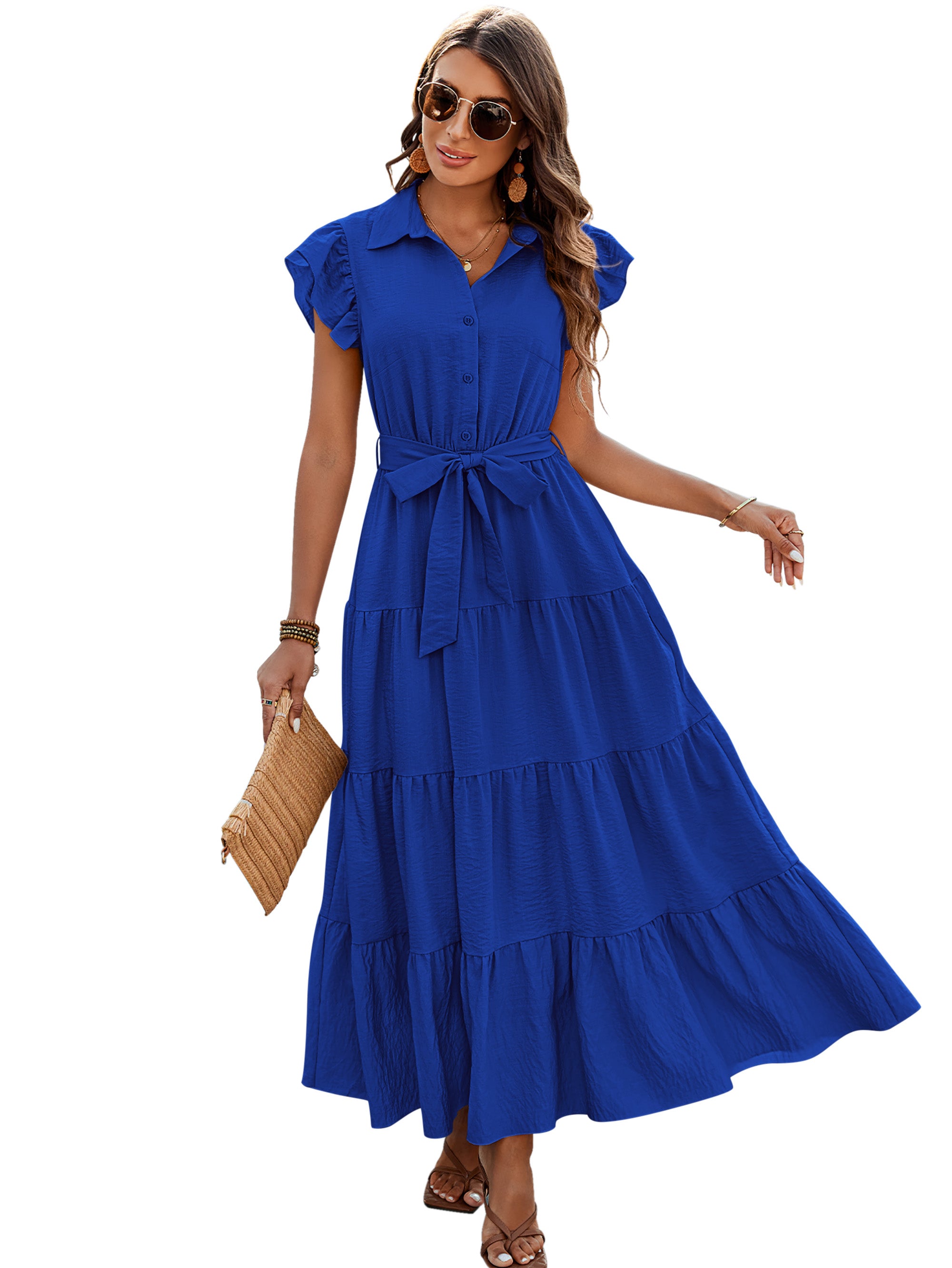 dowerme Women's Summer Casual Dresses 2025 Cap Ruffle Sleeve V Neck Button Belted Tiered Boho Maxi Dress with Pockets