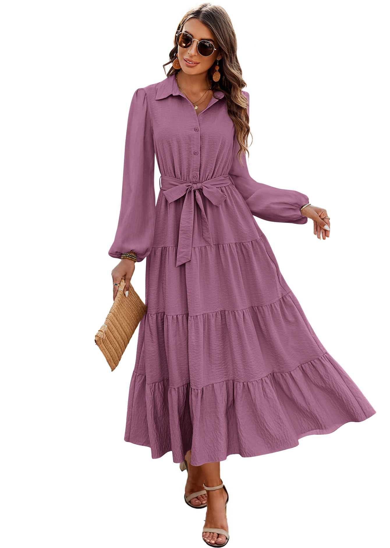 dowerme Women's Long Sleeve Dress 2025 Button Down Belted A-Line Flowy Fall Outfits Ruffle Maxi Holiday Party Dresses