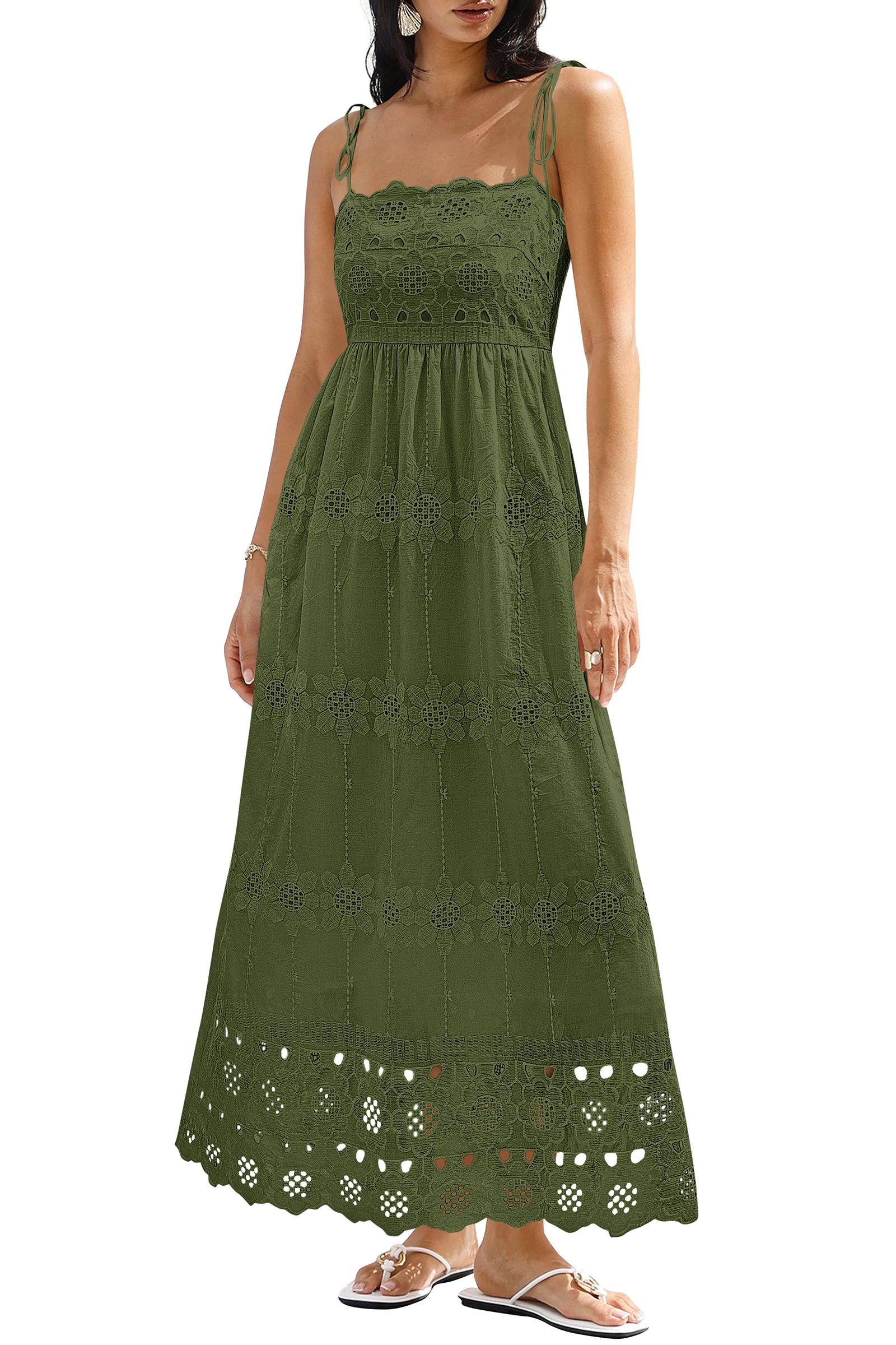 dowerme Womens Summer Maxi Dresses 2026 Casual Spaghetti Strap Smocked Eyelet Cotton Dress Long Beach Vacation Sundress