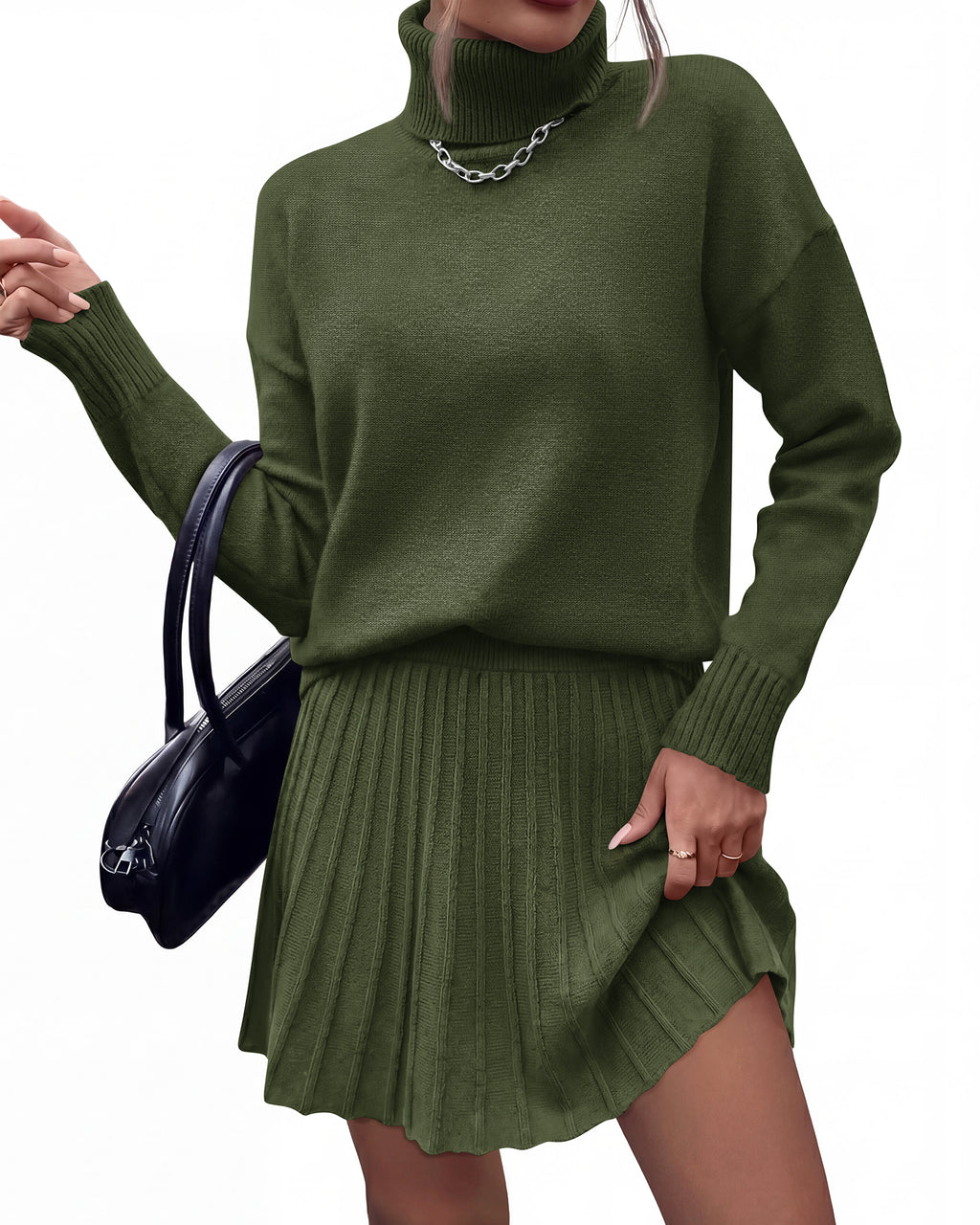 dowerme 2 Piece Sets For Women 2026 Fall Turtleneck Sweater Pleated Mini Skirt Set Cute Winter Clothing Vacation Outfits