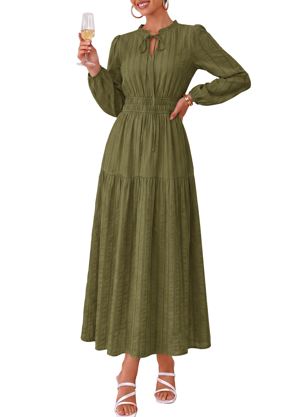 dowerme Women Fall Long Sleeve Dress 2026 Casual Ruffle V Neck Tie Front Elastic Waist Maxi Cotton Wedding Guest Dresses