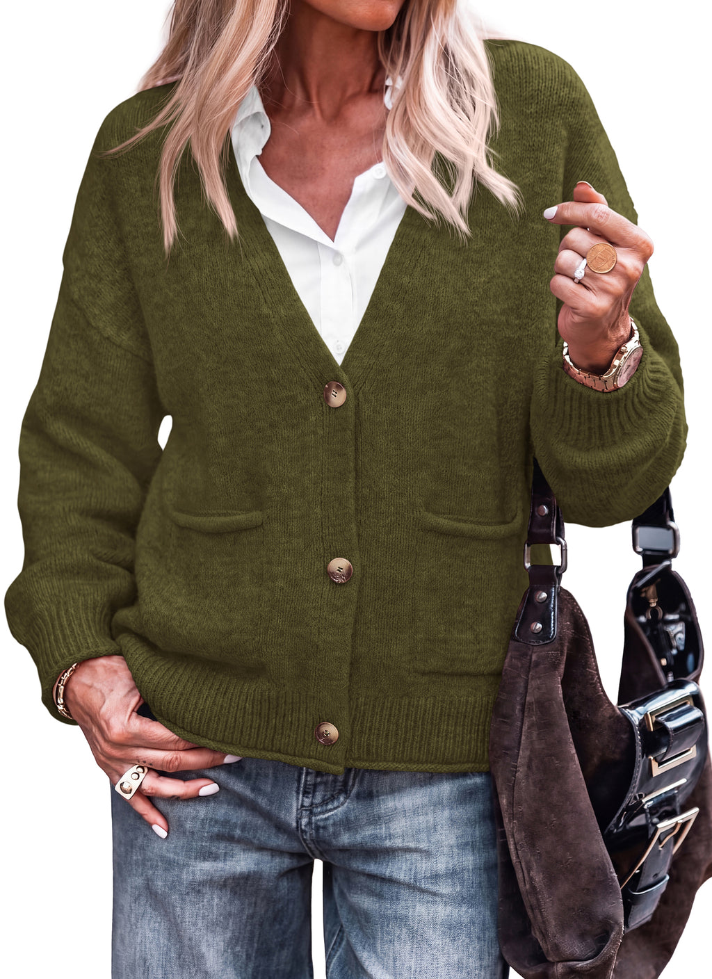 dowerme Women's Casual Button Down Chunky Cropped Cardigan