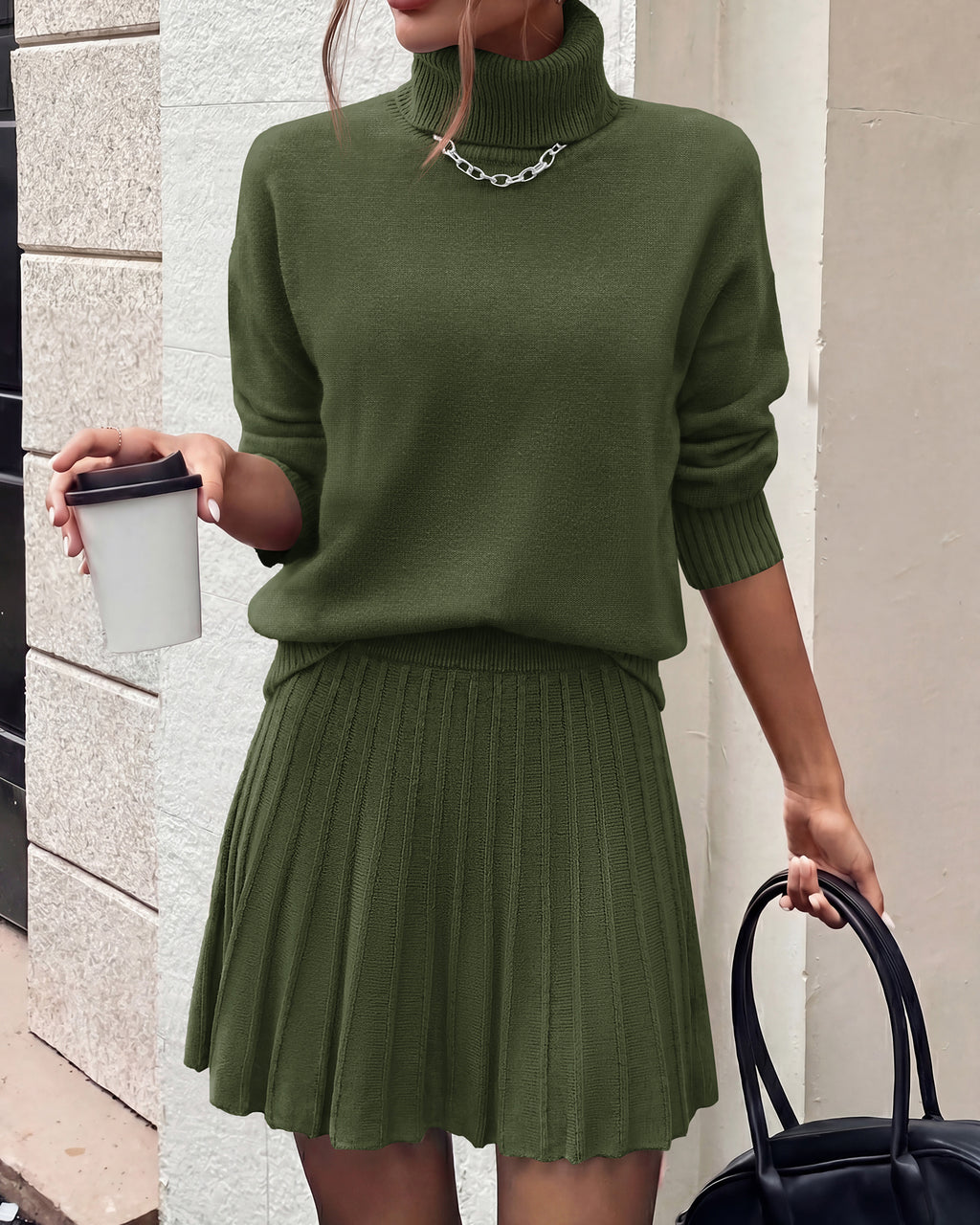 dowerme 2 Piece Sets For Women 2026 Fall Turtleneck Sweater Pleated Mini Skirt Set Cute Winter Clothing Vacation Outfits
