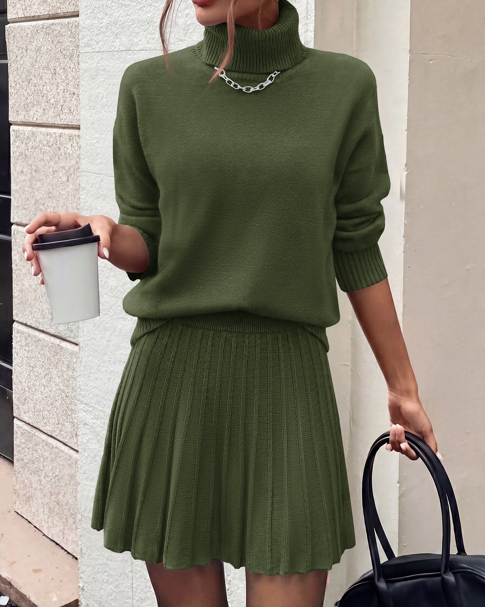 dowerme 2 Piece Sets For Women 2026 Fall Turtleneck Sweater Pleated Mini Skirt Set Cute Winter Clothing Vacation Outfits