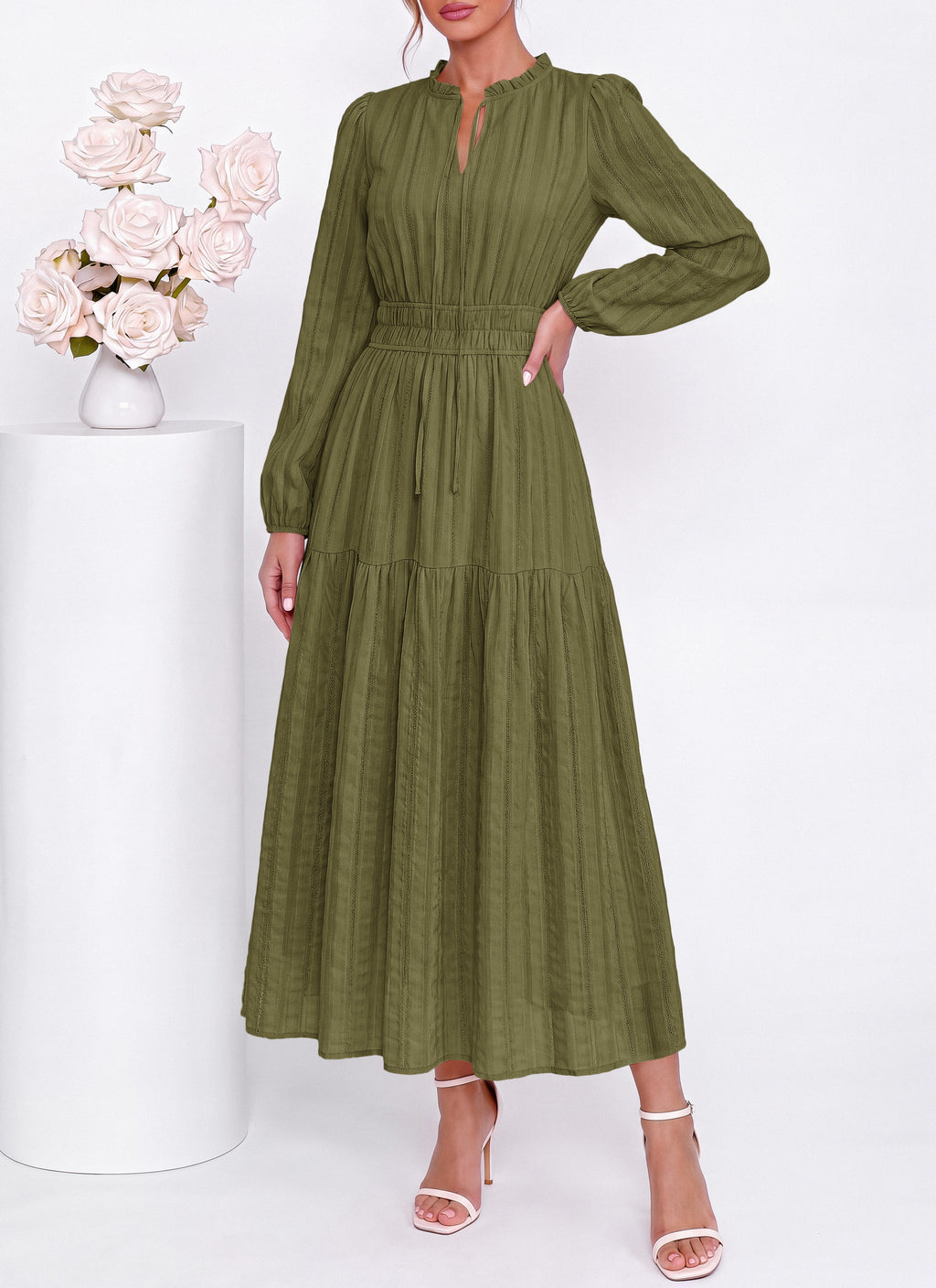 dowerme Women Fall Long Sleeve Dress 2026 Casual Ruffle V Neck Tie Front Elastic Waist Maxi Cotton Wedding Guest Dresses