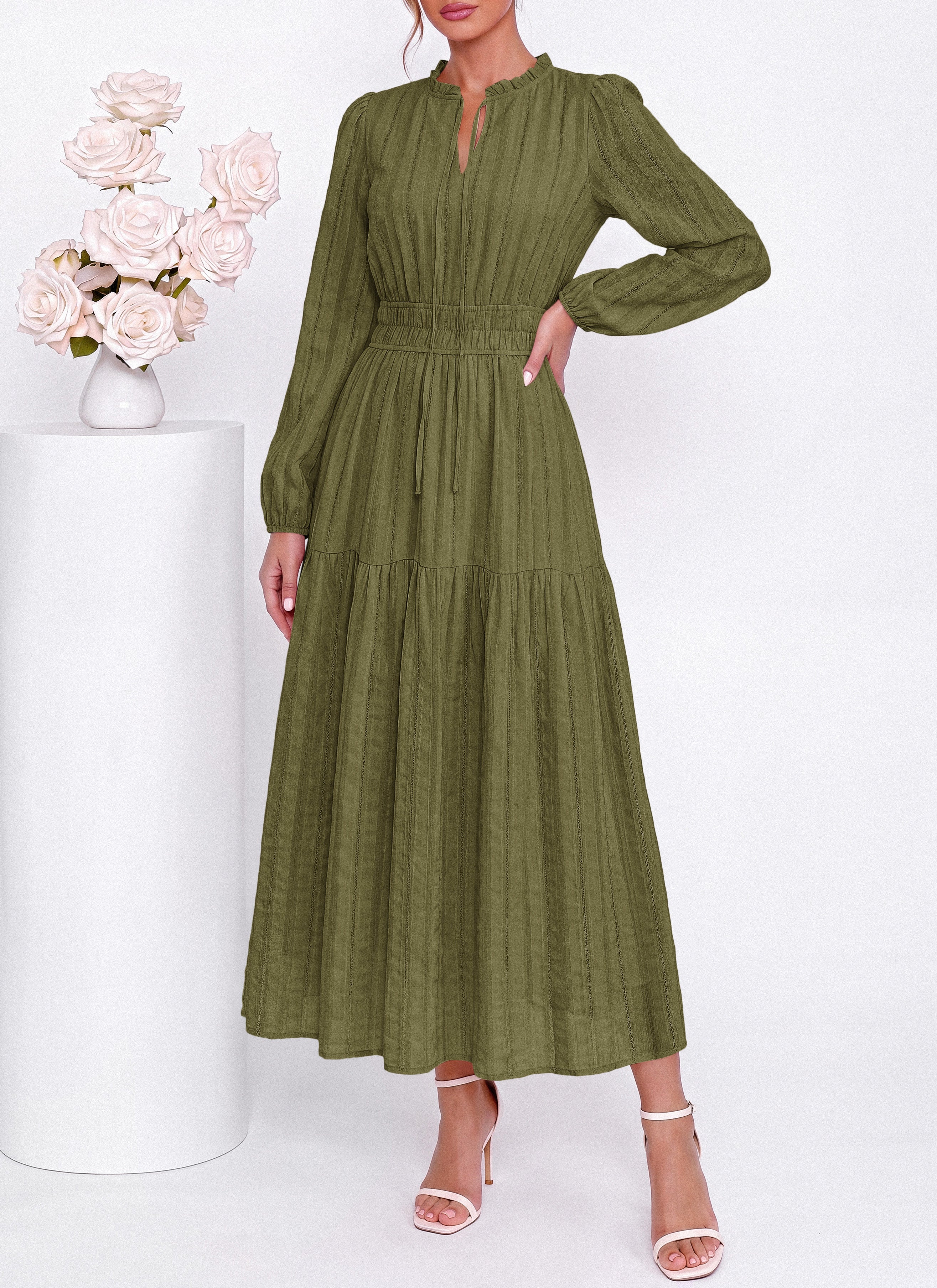 dowerme Women Fall Long Sleeve Dress 2026 Casual Ruffle V Neck Tie Front Elastic Waist Maxi Cotton Wedding Guest Dresses