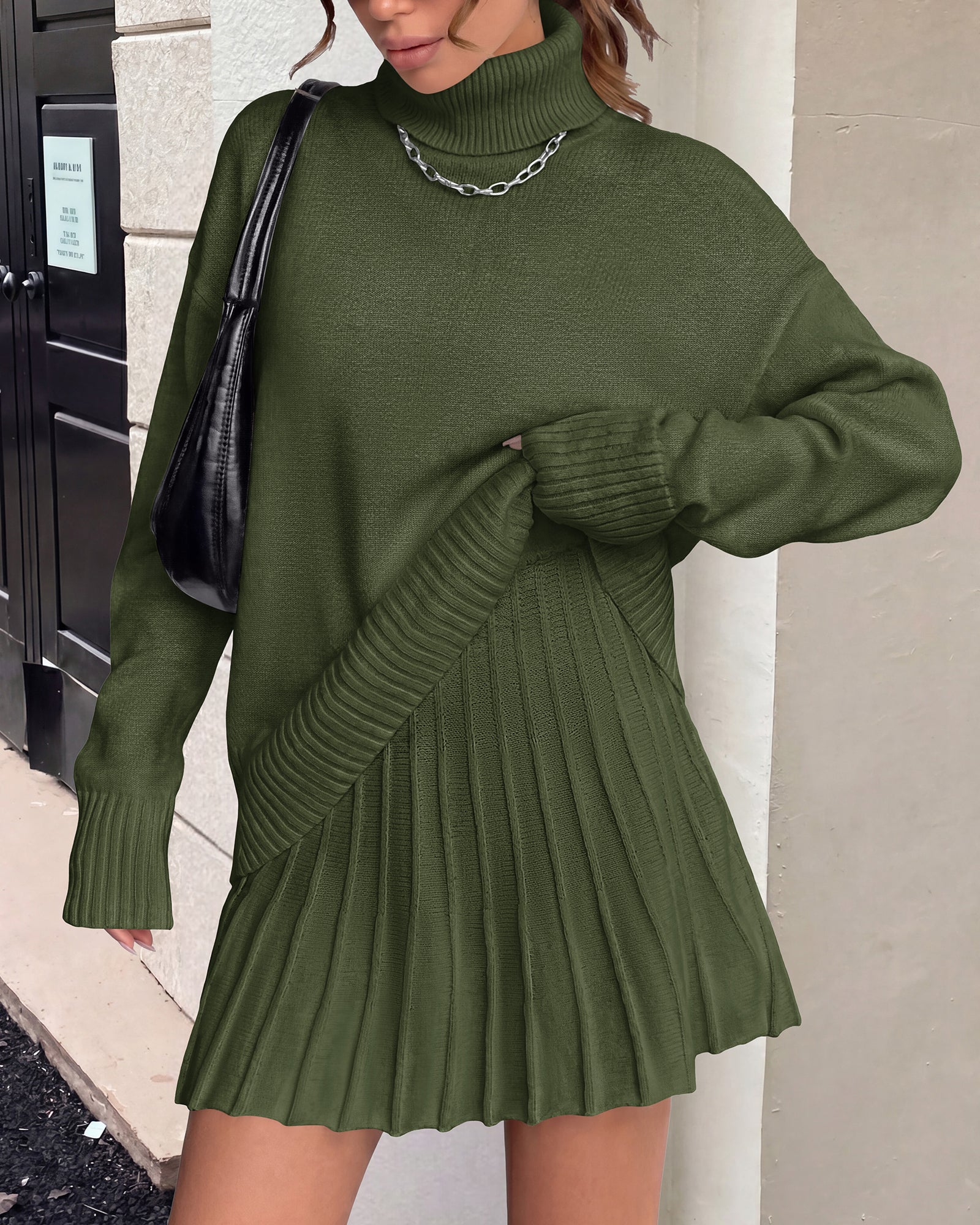 dowerme 2 Piece Sets For Women 2026 Fall Turtleneck Sweater Pleated Mini Skirt Set Cute Winter Clothing Vacation Outfits