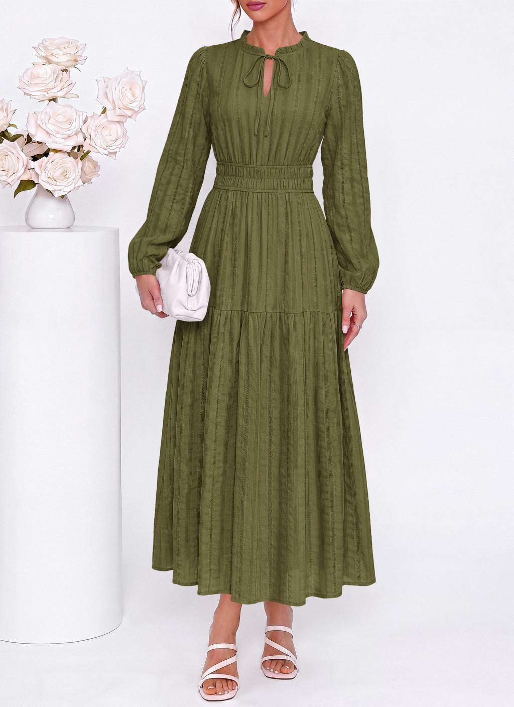 dowerme Women Fall Long Sleeve Dress 2026 Casual Ruffle V Neck Tie Front Elastic Waist Maxi Cotton Wedding Guest Dresses