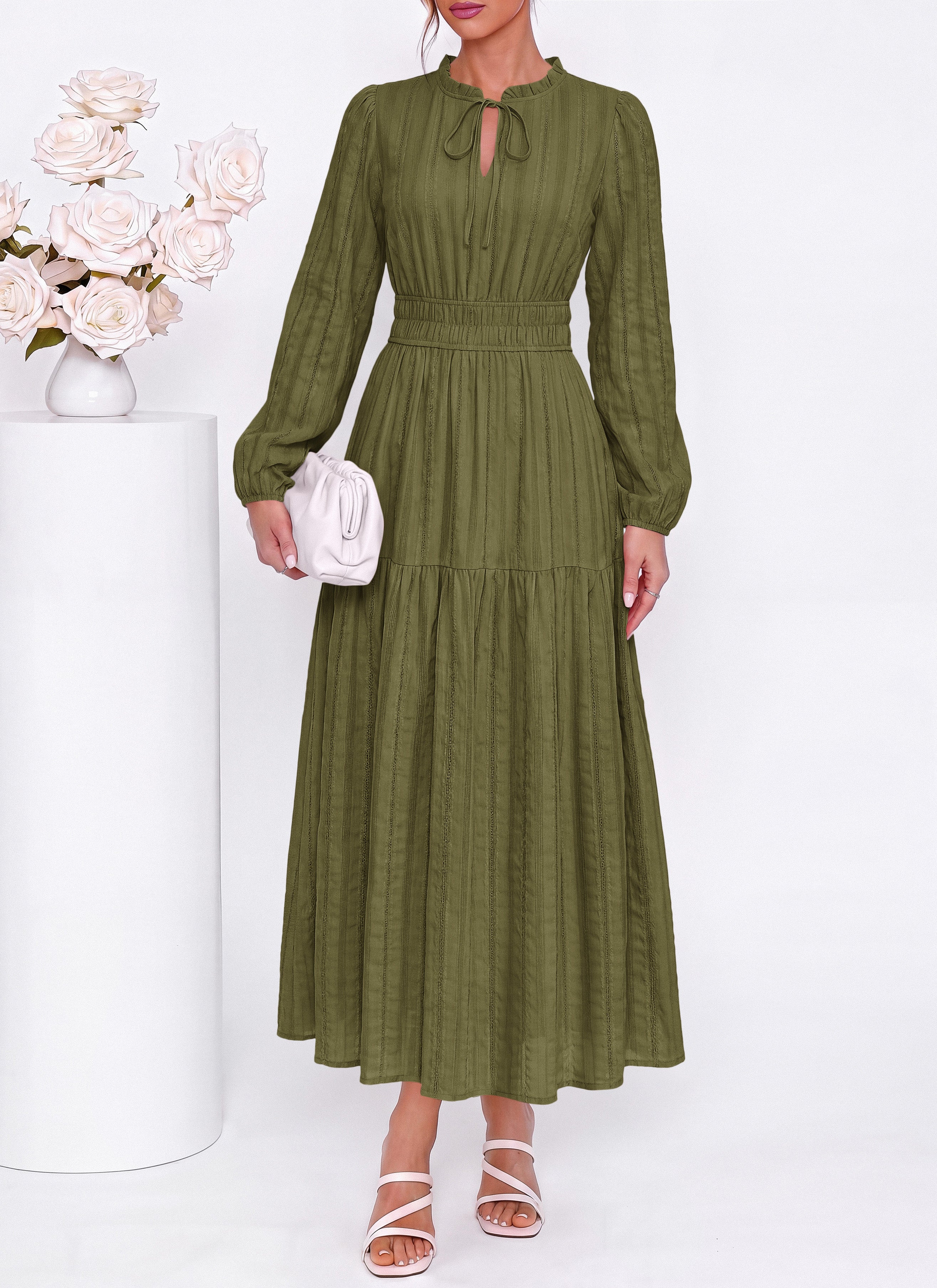 dowerme Women Fall Long Sleeve Dress 2026 Casual Ruffle V Neck Tie Front Elastic Waist Maxi Cotton Wedding Guest Dresses