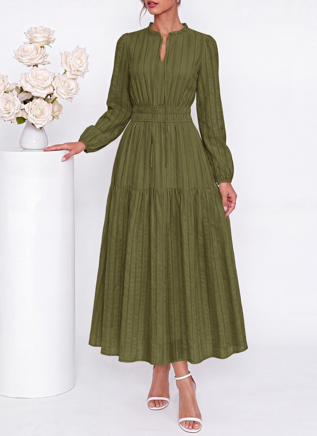 dowerme Women Fall Long Sleeve Dress 2026 Casual Ruffle V Neck Tie Front Elastic Waist Maxi Cotton Wedding Guest Dresses