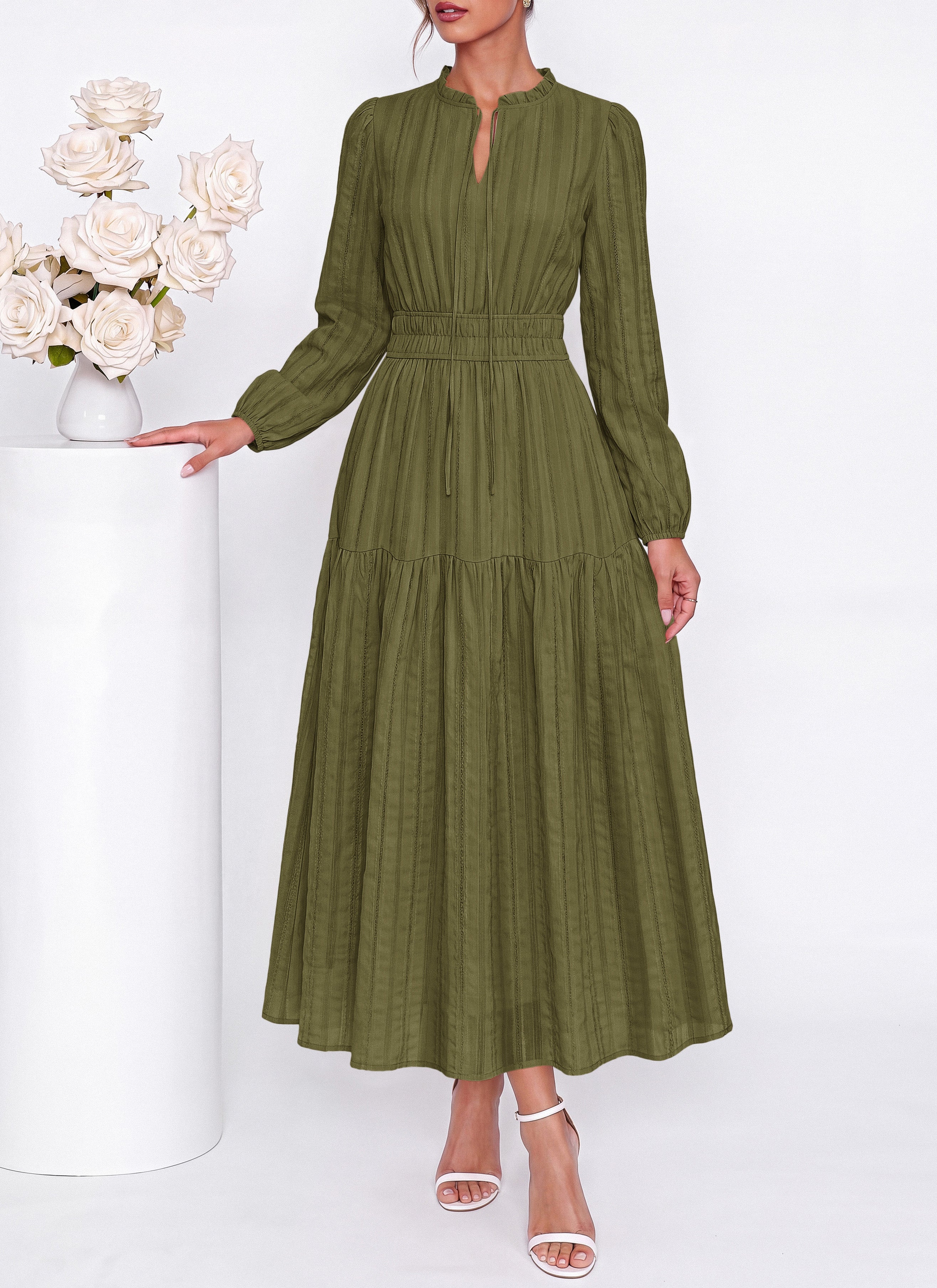 dowerme Women Fall Long Sleeve Dress 2026 Casual Ruffle V Neck Tie Front Elastic Waist Maxi Cotton Wedding Guest Dresses