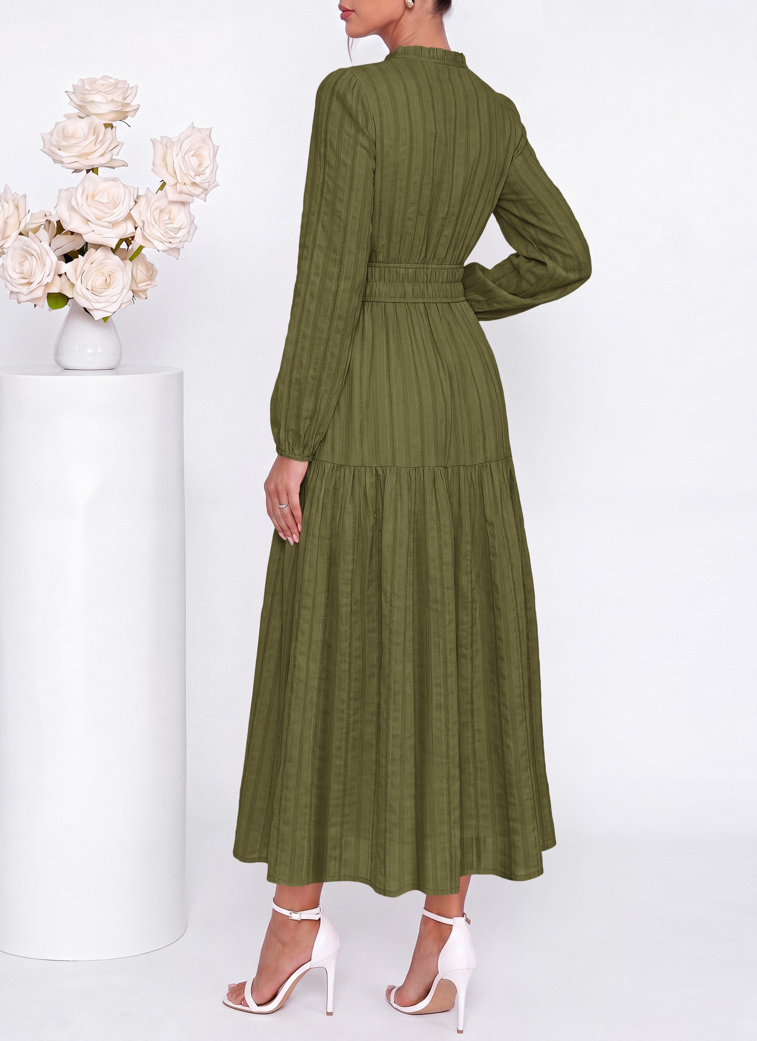 dowerme Women Fall Long Sleeve Dress 2026 Casual Ruffle V Neck Tie Front Elastic Waist Maxi Cotton Wedding Guest Dresses