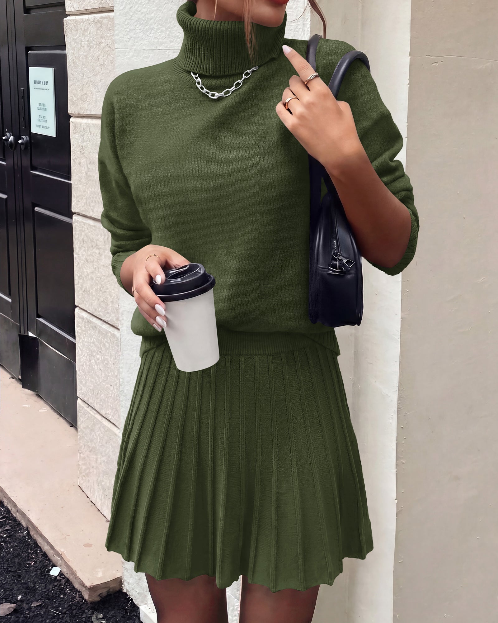 dowerme 2 Piece Sets For Women 2026 Fall Turtleneck Sweater Pleated Mini Skirt Set Cute Winter Clothing Vacation Outfits