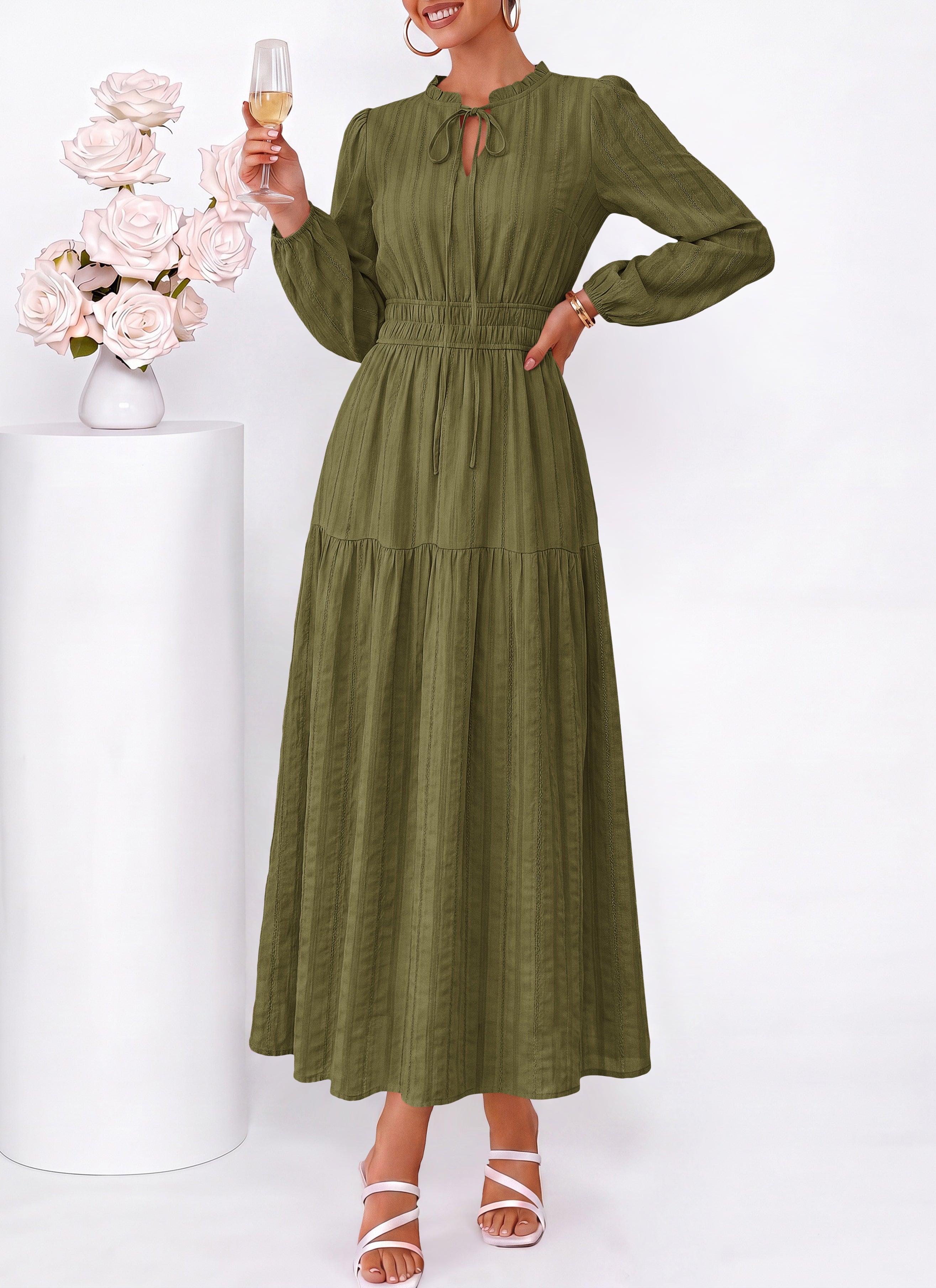 dowerme Women Fall Long Sleeve Dress 2026 Casual Ruffle V Neck Tie Front Elastic Waist Maxi Cotton Wedding Guest Dresses