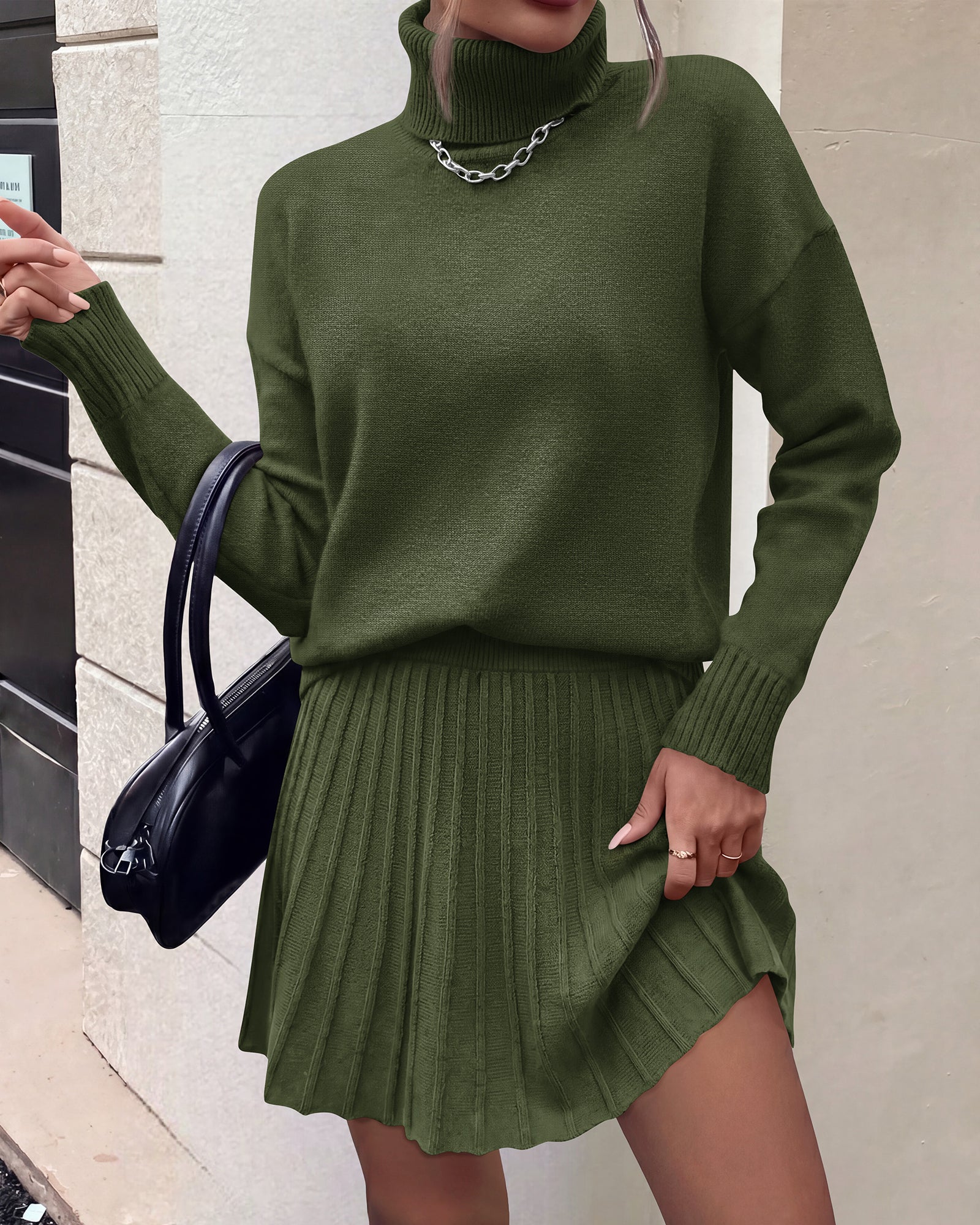 dowerme 2 Piece Sets For Women 2026 Fall Turtleneck Sweater Pleated Mini Skirt Set Cute Winter Clothing Vacation Outfits