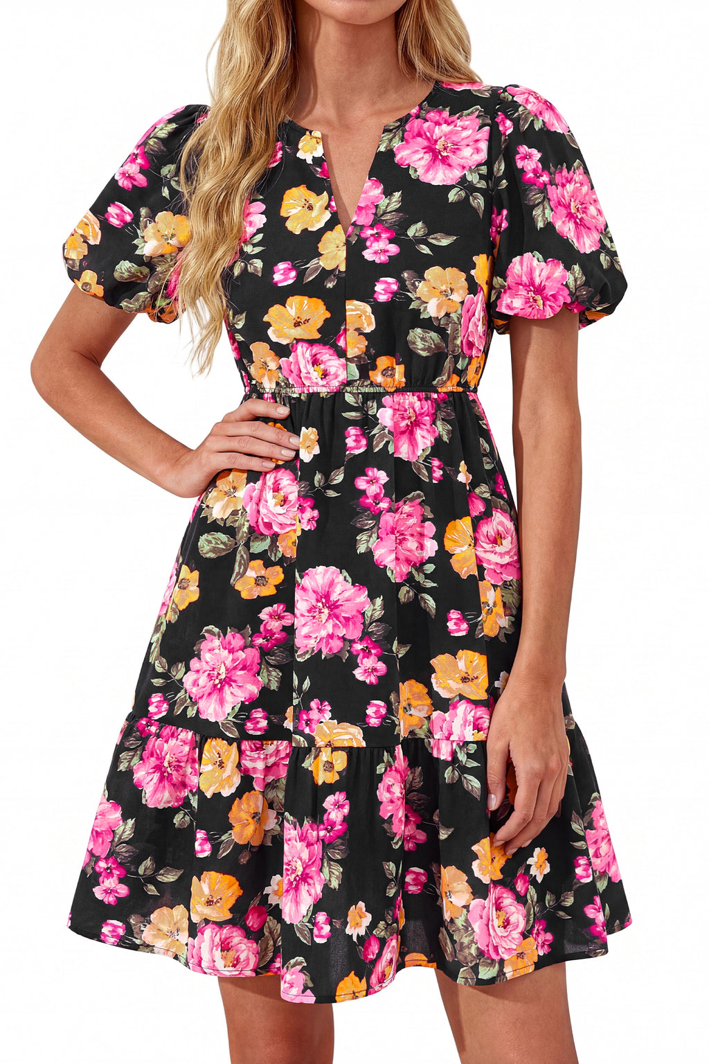 dowerme Women Summer Casual Dresses 2026 Puff Short Sleeve V Neck Floral Boho Midi Dress Flowy Ruffle Spring Sundress