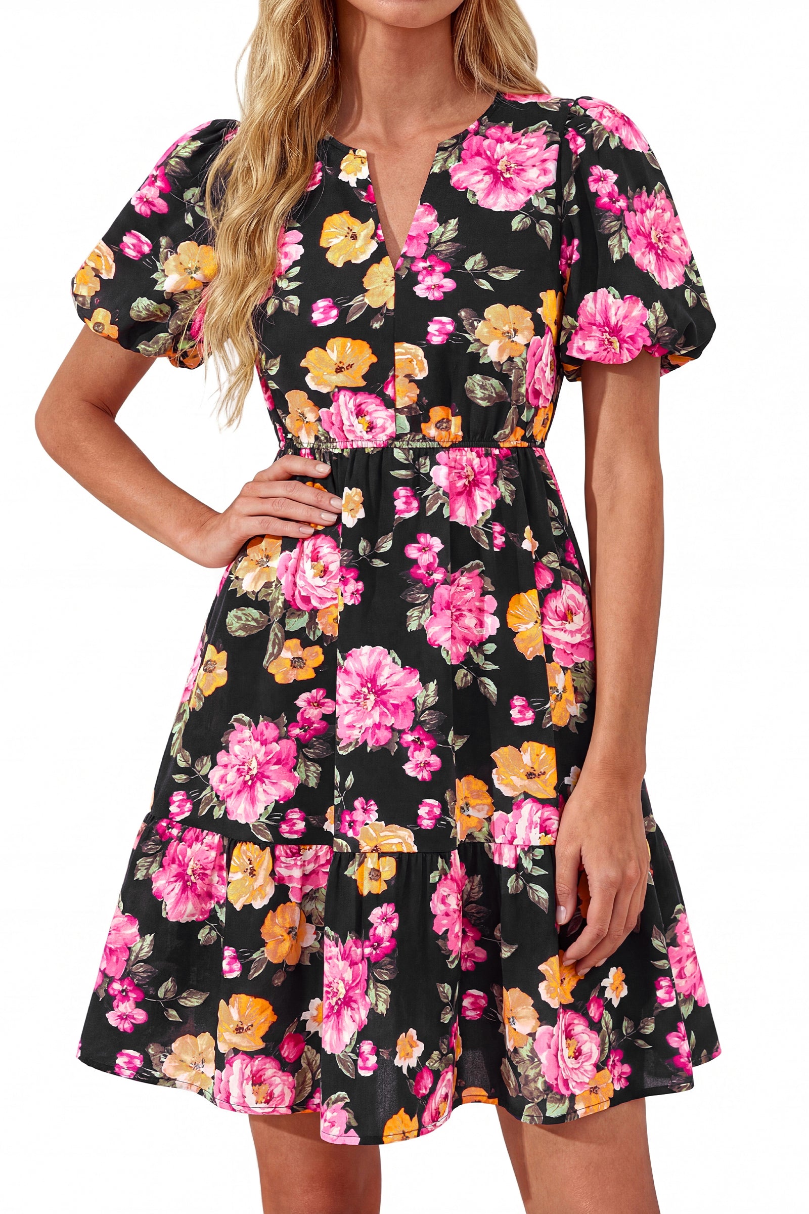 dowerme Women Summer Casual Dresses 2026 Puff Short Sleeve V Neck Floral Boho Midi Dress Flowy Ruffle Spring Sundress