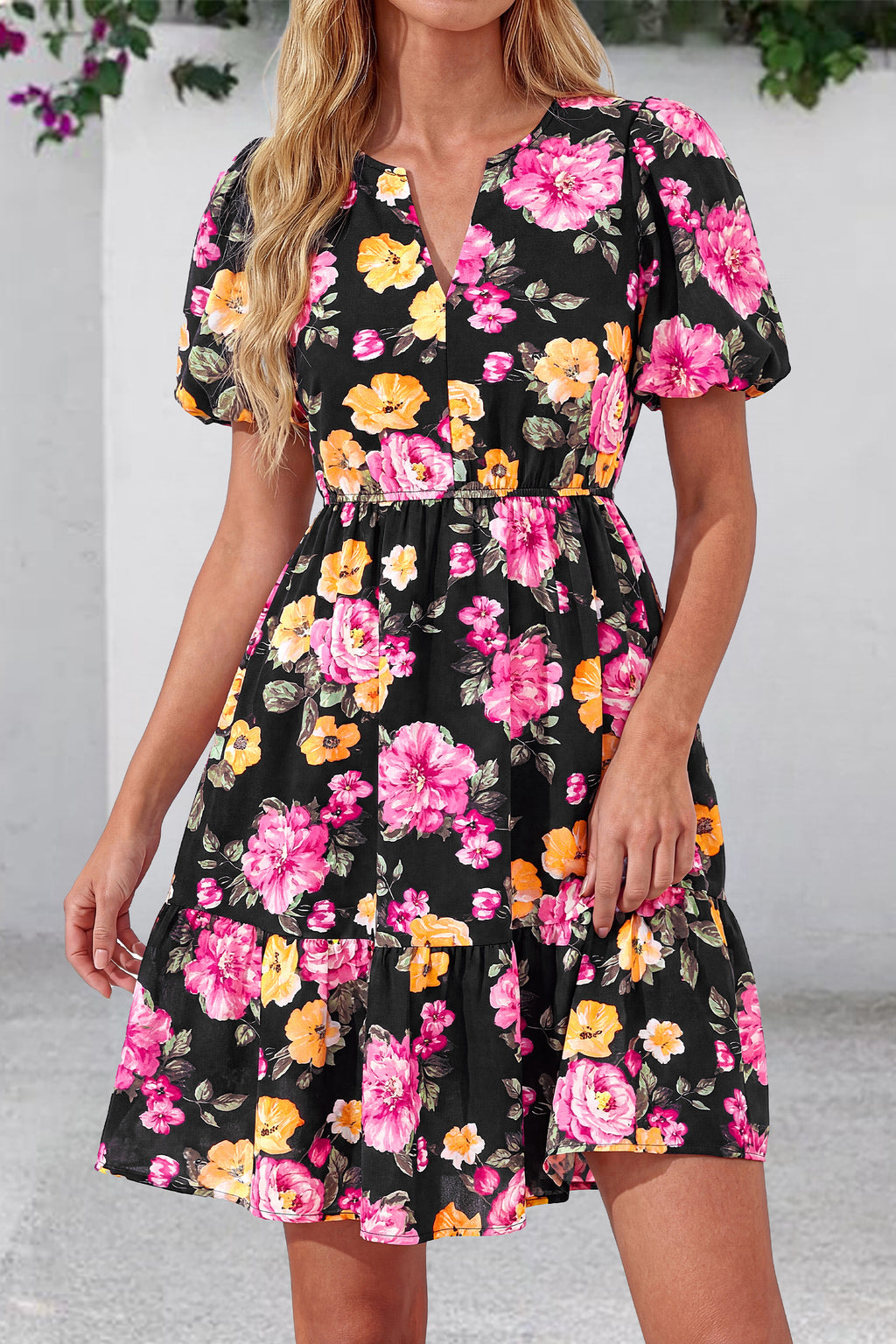 dowerme Women Summer Casual Dresses 2026 Puff Short Sleeve V Neck Floral Boho Midi Dress Flowy Ruffle Spring Sundress