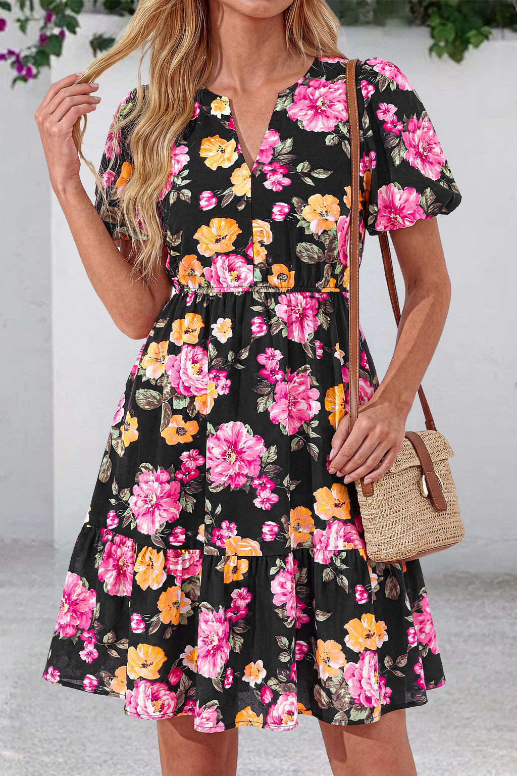 dowerme Women Summer Casual Dresses 2026 Puff Short Sleeve V Neck Floral Boho Midi Dress Flowy Ruffle Spring Sundress