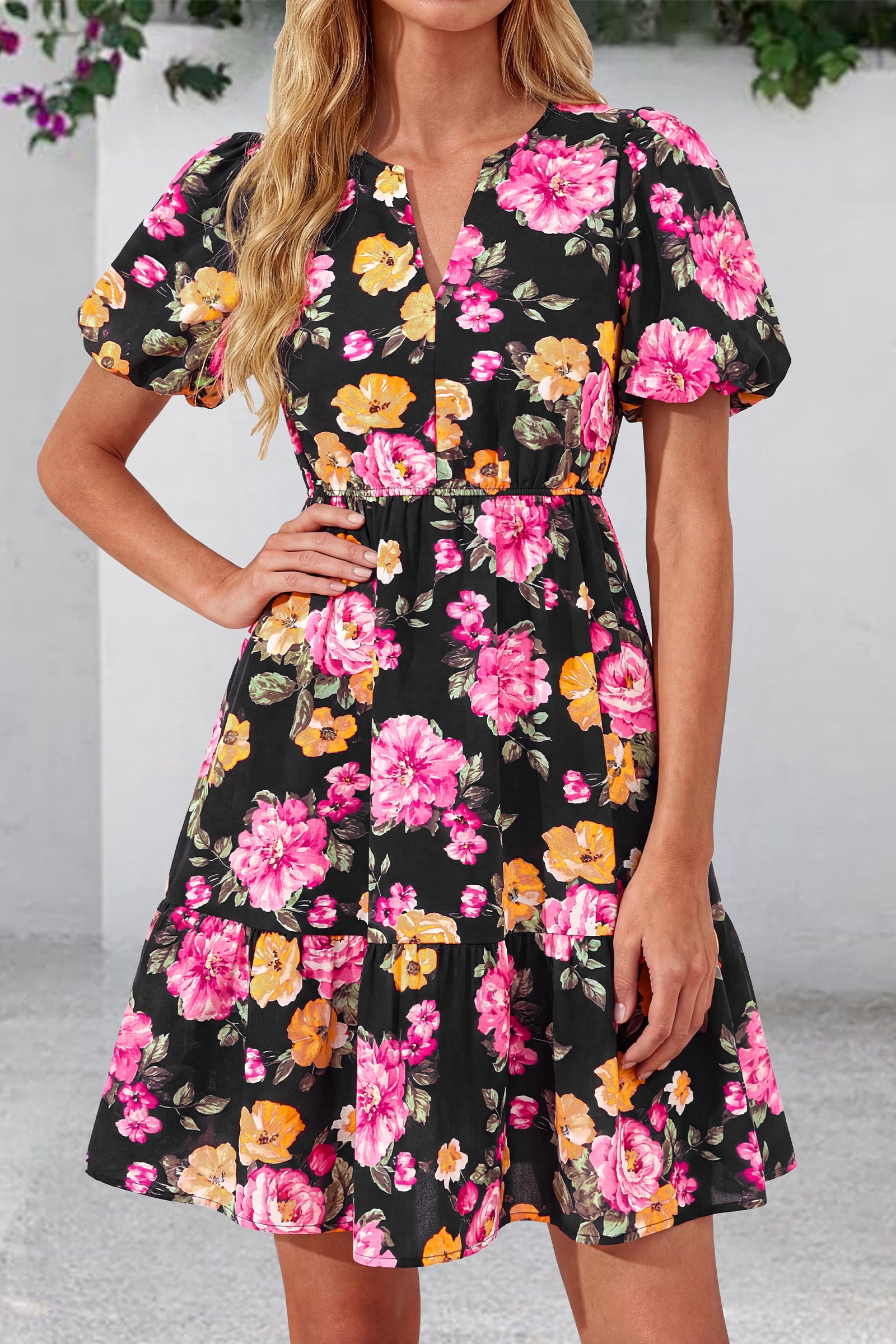 dowerme Women Summer Casual Dresses 2026 Puff Short Sleeve V Neck Floral Boho Midi Dress Flowy Ruffle Spring Sundress