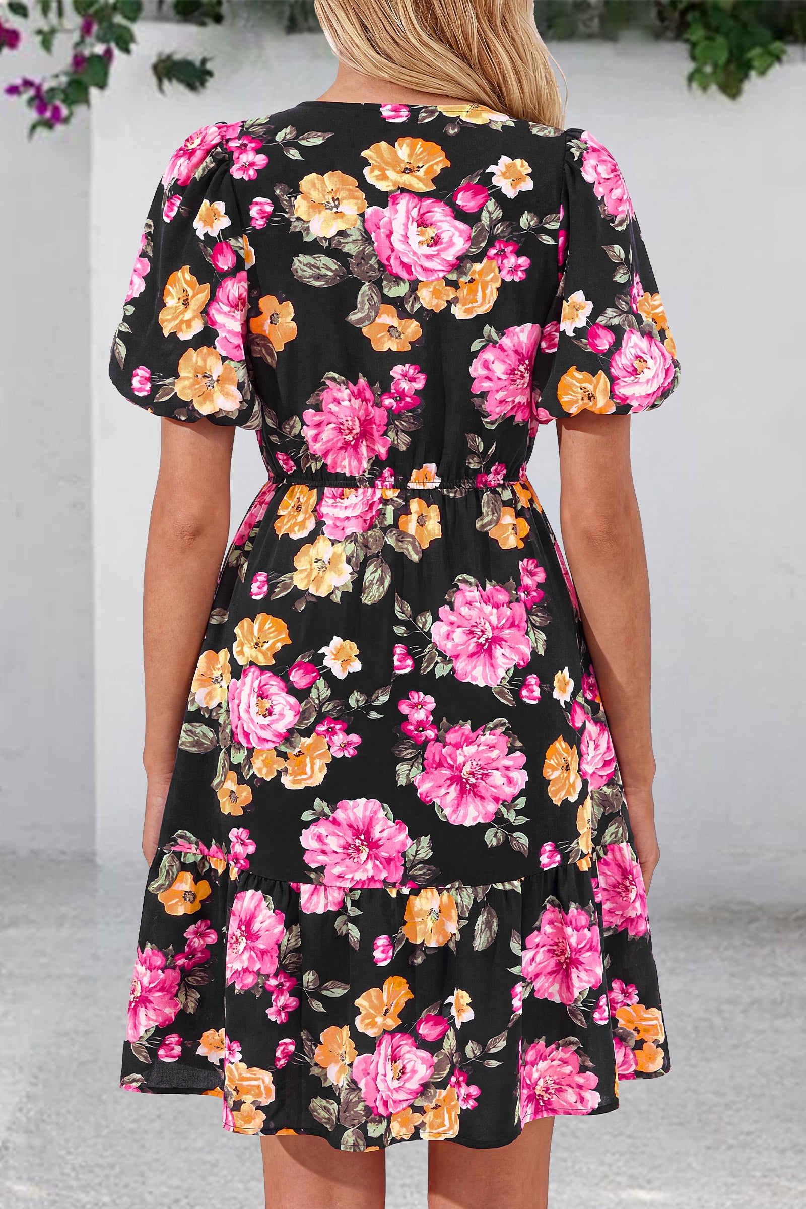 dowerme Women Summer Casual Dresses 2026 Puff Short Sleeve V Neck Floral Boho Midi Dress Flowy Ruffle Spring Sundress