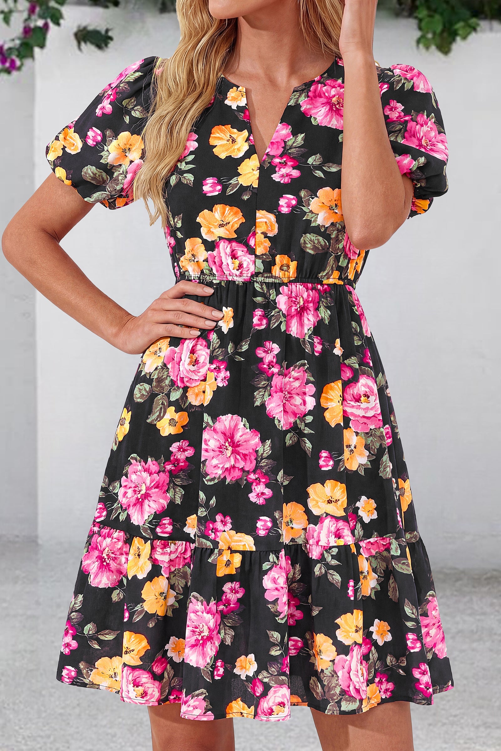 dowerme Women Summer Casual Dresses 2026 Puff Short Sleeve V Neck Floral Boho Midi Dress Flowy Ruffle Spring Sundress