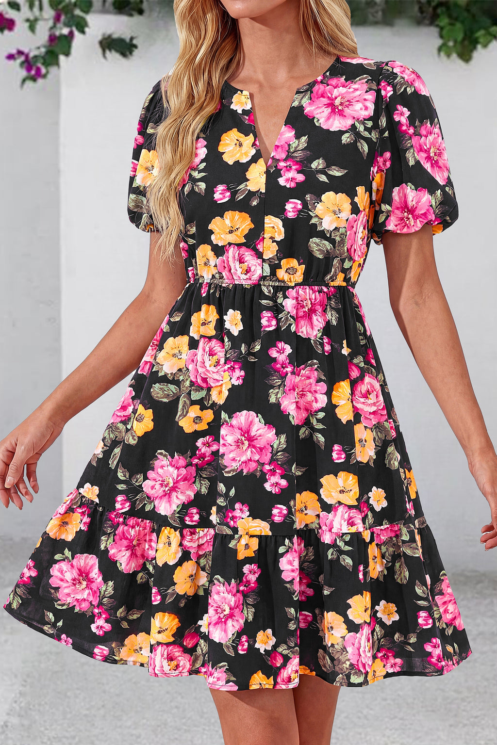 dowerme Women Summer Casual Dresses 2026 Puff Short Sleeve V Neck Floral Boho Midi Dress Flowy Ruffle Spring Sundress