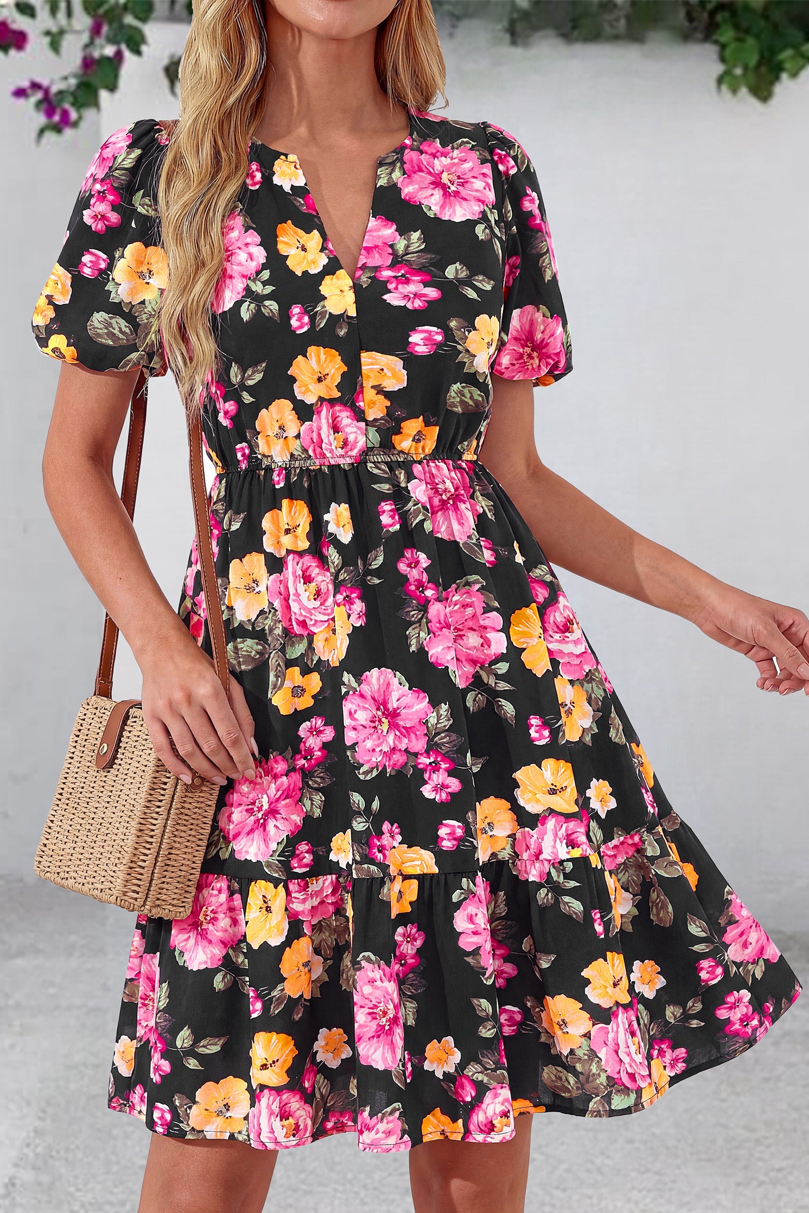 dowerme Women Summer Casual Dresses 2026 Puff Short Sleeve V Neck Floral Boho Midi Dress Flowy Ruffle Spring Sundress