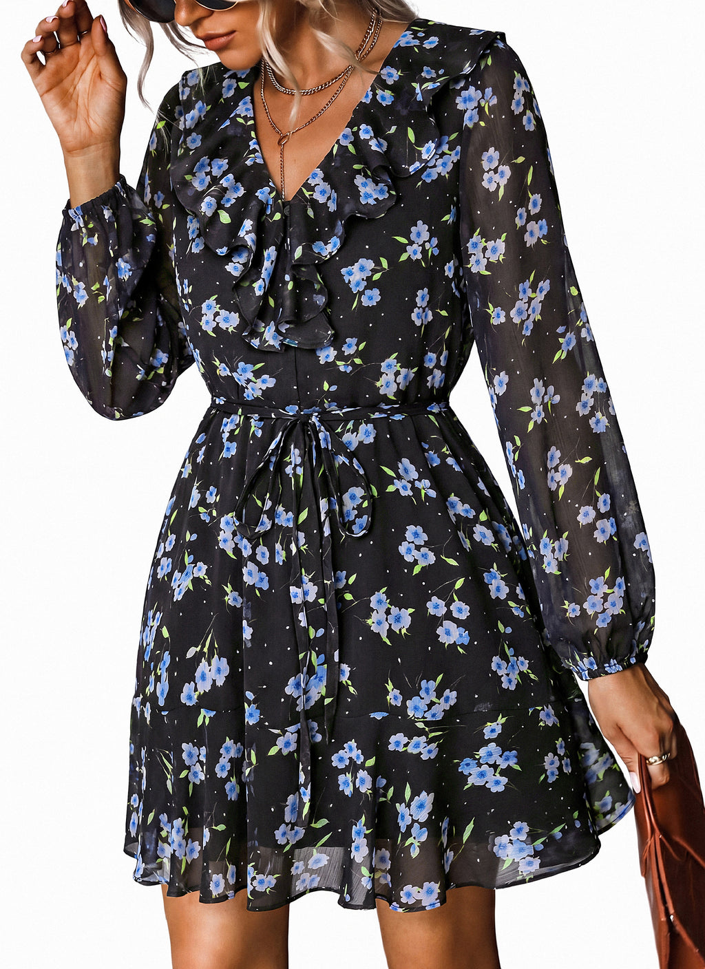 dowerme Women Belted Floral Polka Dot Mini Dress