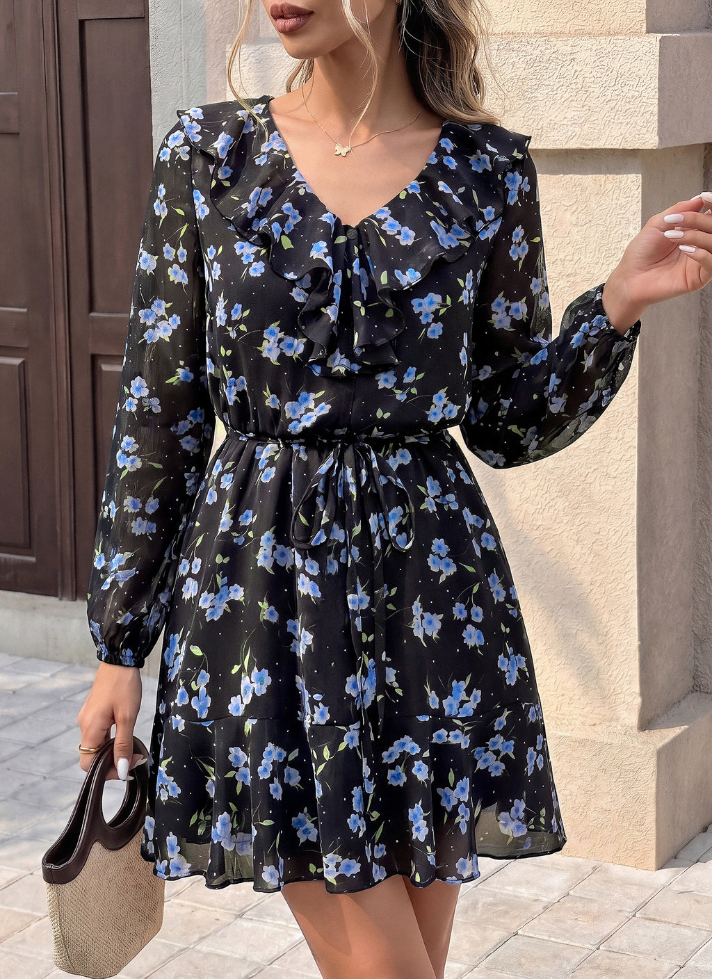 dowerme Women Belted Floral Polka Dot Mini Dress
