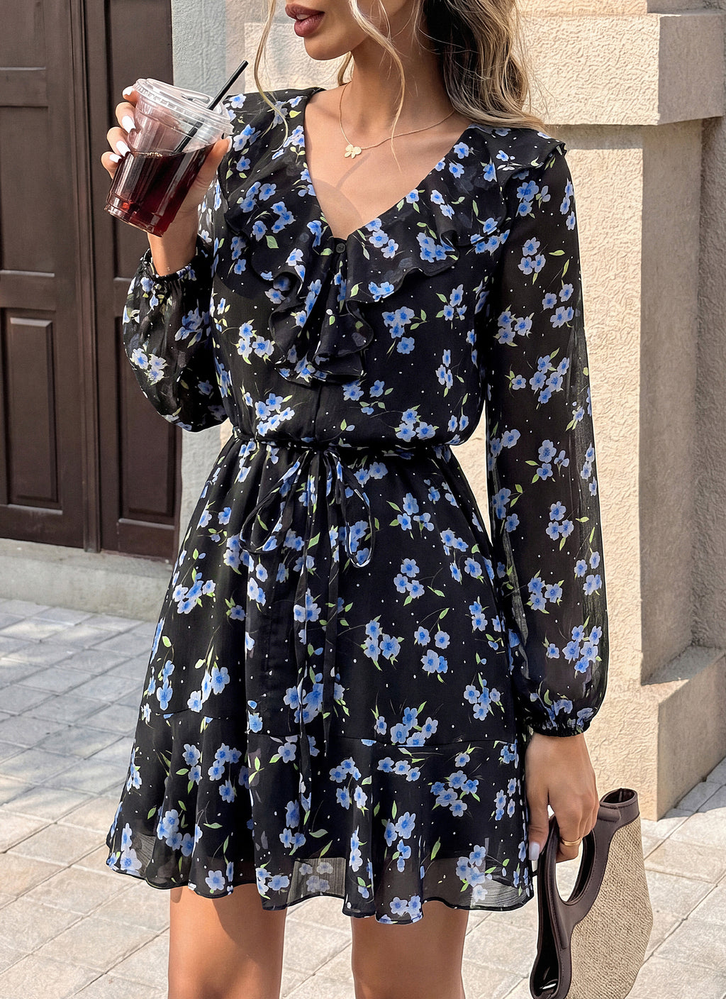 dowerme Women Belted Floral Polka Dot Mini Dress