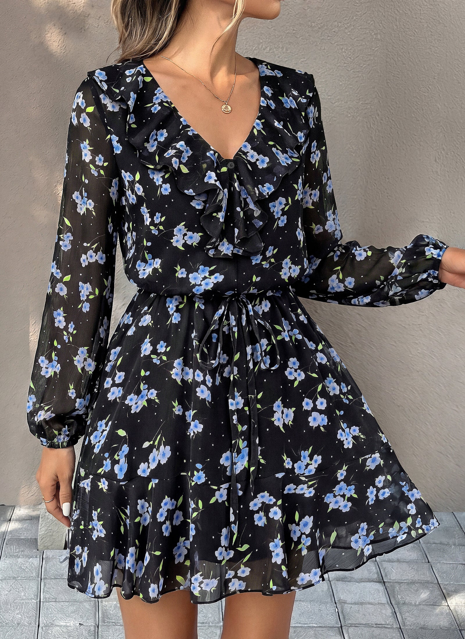 dowerme Women Belted Floral Polka Dot Mini Dress