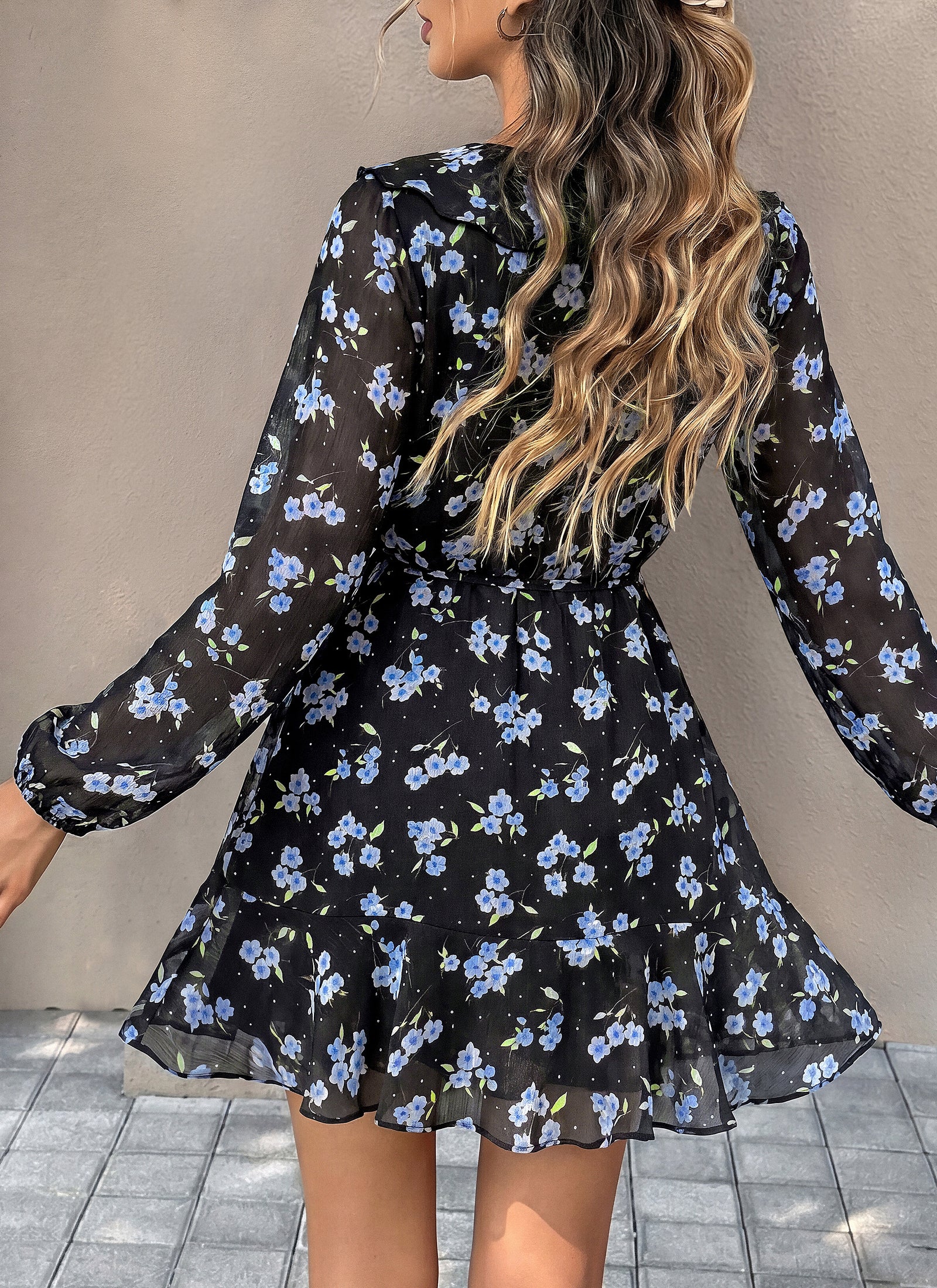dowerme Women Belted Floral Polka Dot Mini Dress