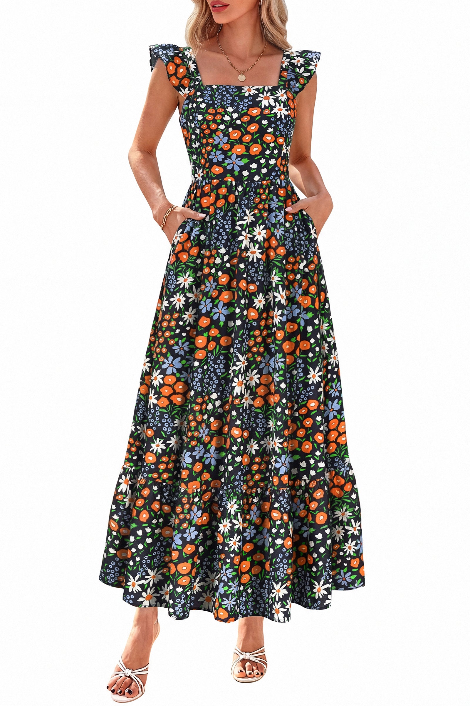 dowerme Womens Summer Dresses 2026 Ruffle Sleeve Square Neck Floral Boho Midi Dress Spring Smocked Beach Party Sundress