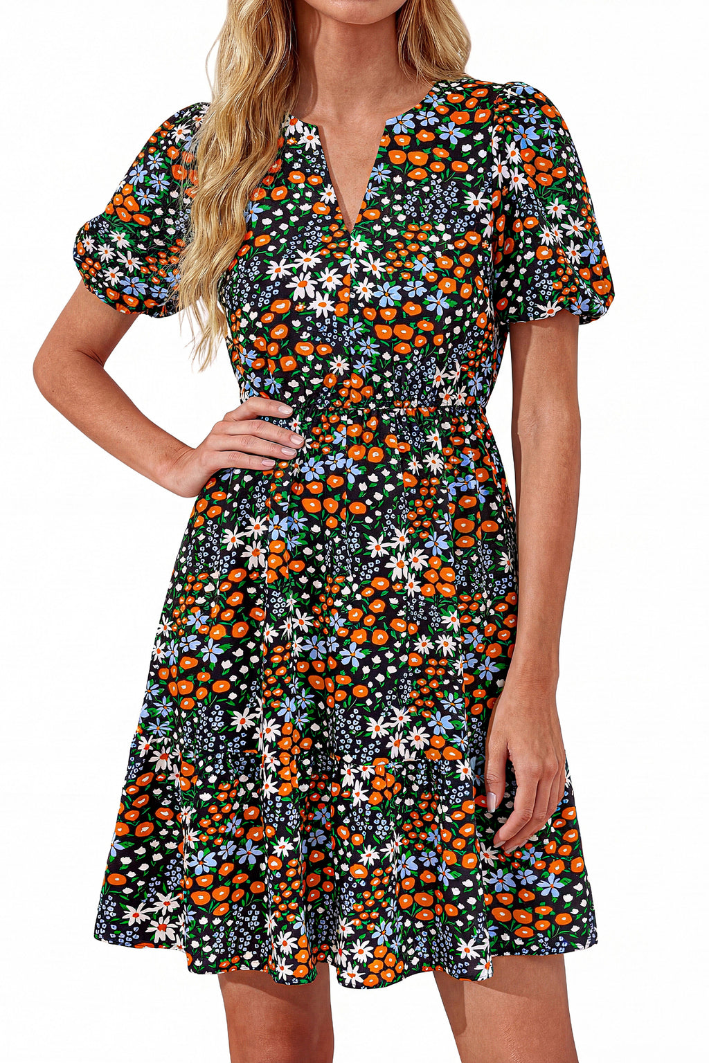 dowerme Women Summer Casual Dresses 2026 Puff Short Sleeve V Neck Floral Boho Midi Dress Flowy Ruffle Spring Sundress