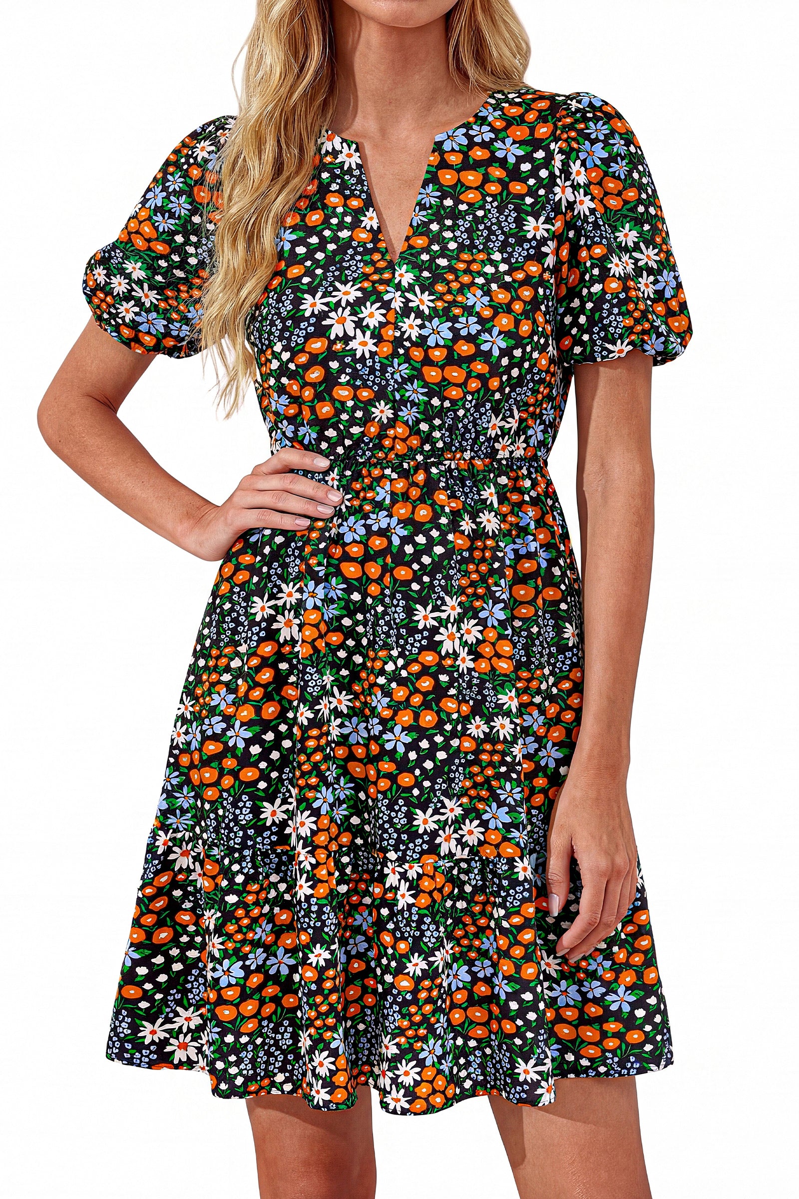 dowerme Women Summer Casual Dresses 2026 Puff Short Sleeve V Neck Floral Boho Midi Dress Flowy Ruffle Spring Sundress