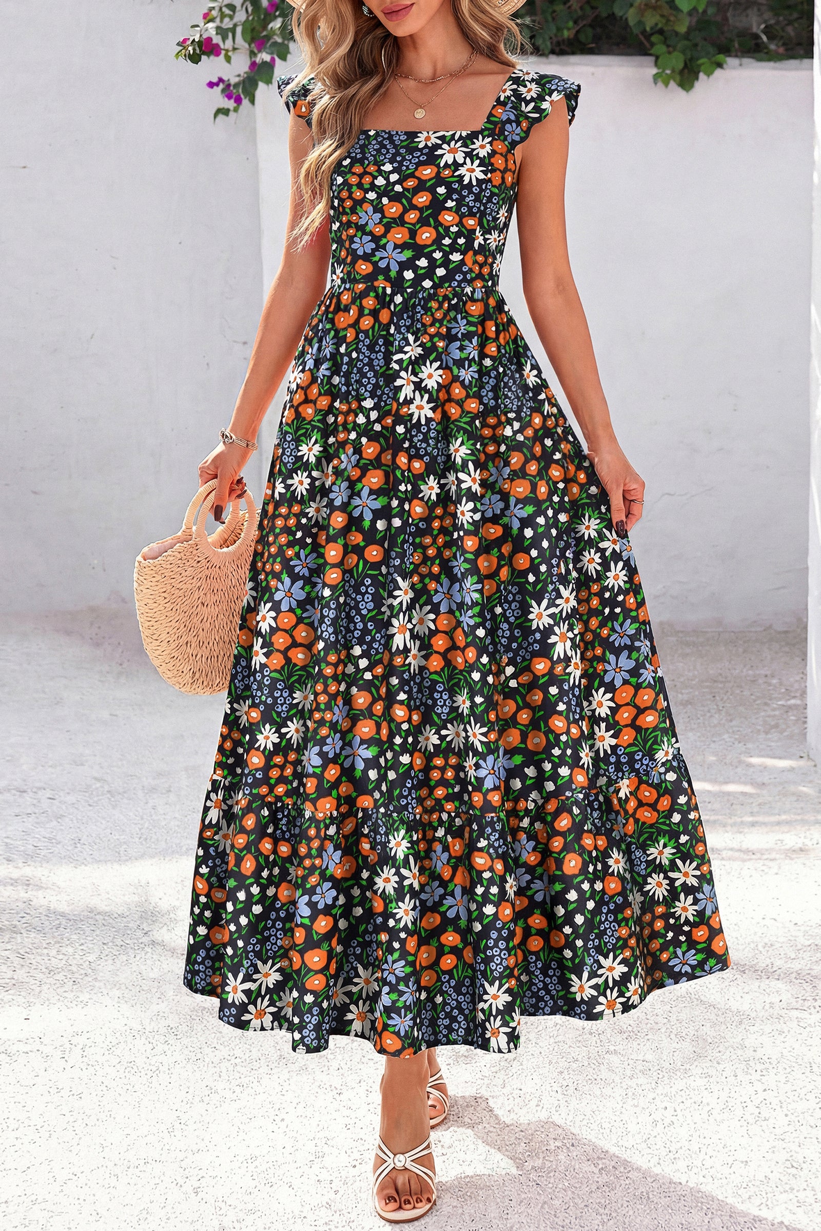 dowerme Womens Summer Dresses 2026 Ruffle Sleeve Square Neck Floral Boho Midi Dress Spring Smocked Beach Party Sundress