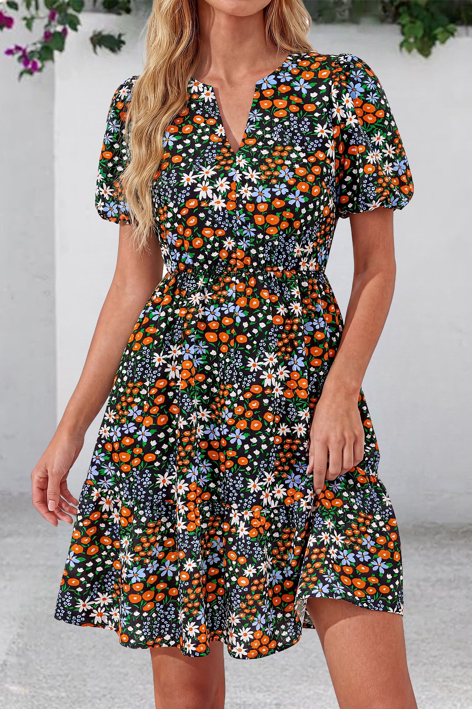 dowerme Women Summer Casual Dresses 2026 Puff Short Sleeve V Neck Floral Boho Midi Dress Flowy Ruffle Spring Sundress