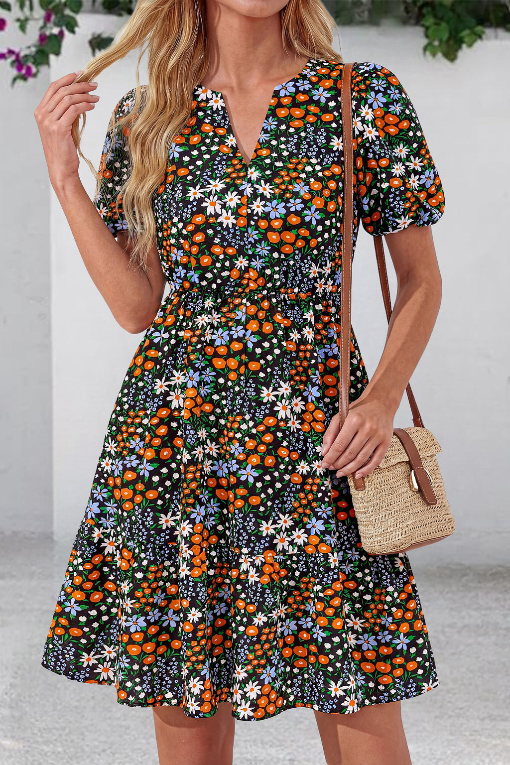 dowerme Women Summer Casual Dresses 2026 Puff Short Sleeve V Neck Floral Boho Midi Dress Flowy Ruffle Spring Sundress