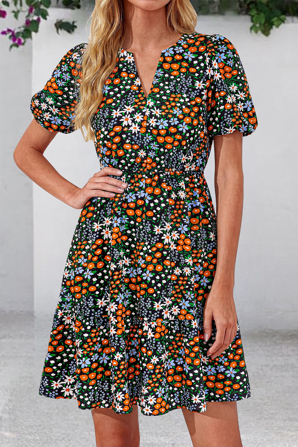 dowerme Women Summer Casual Dresses 2026 Puff Short Sleeve V Neck Floral Boho Midi Dress Flowy Ruffle Spring Sundress