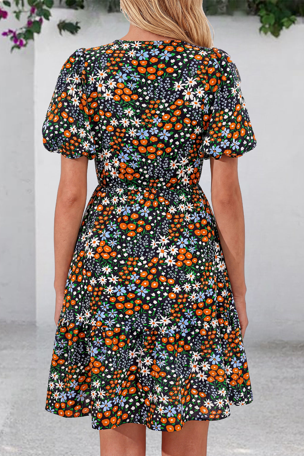 dowerme Women Summer Casual Dresses 2026 Puff Short Sleeve V Neck Floral Boho Midi Dress Flowy Ruffle Spring Sundress