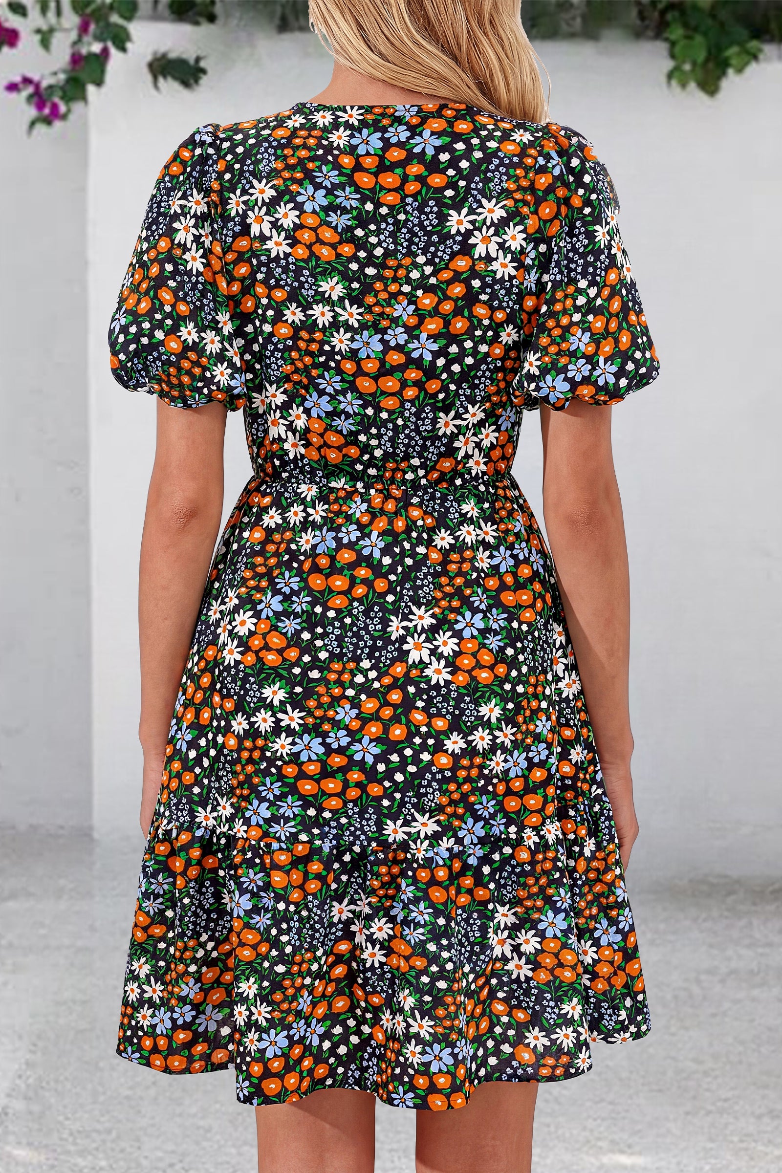 dowerme Women Summer Casual Dresses 2026 Puff Short Sleeve V Neck Floral Boho Midi Dress Flowy Ruffle Spring Sundress