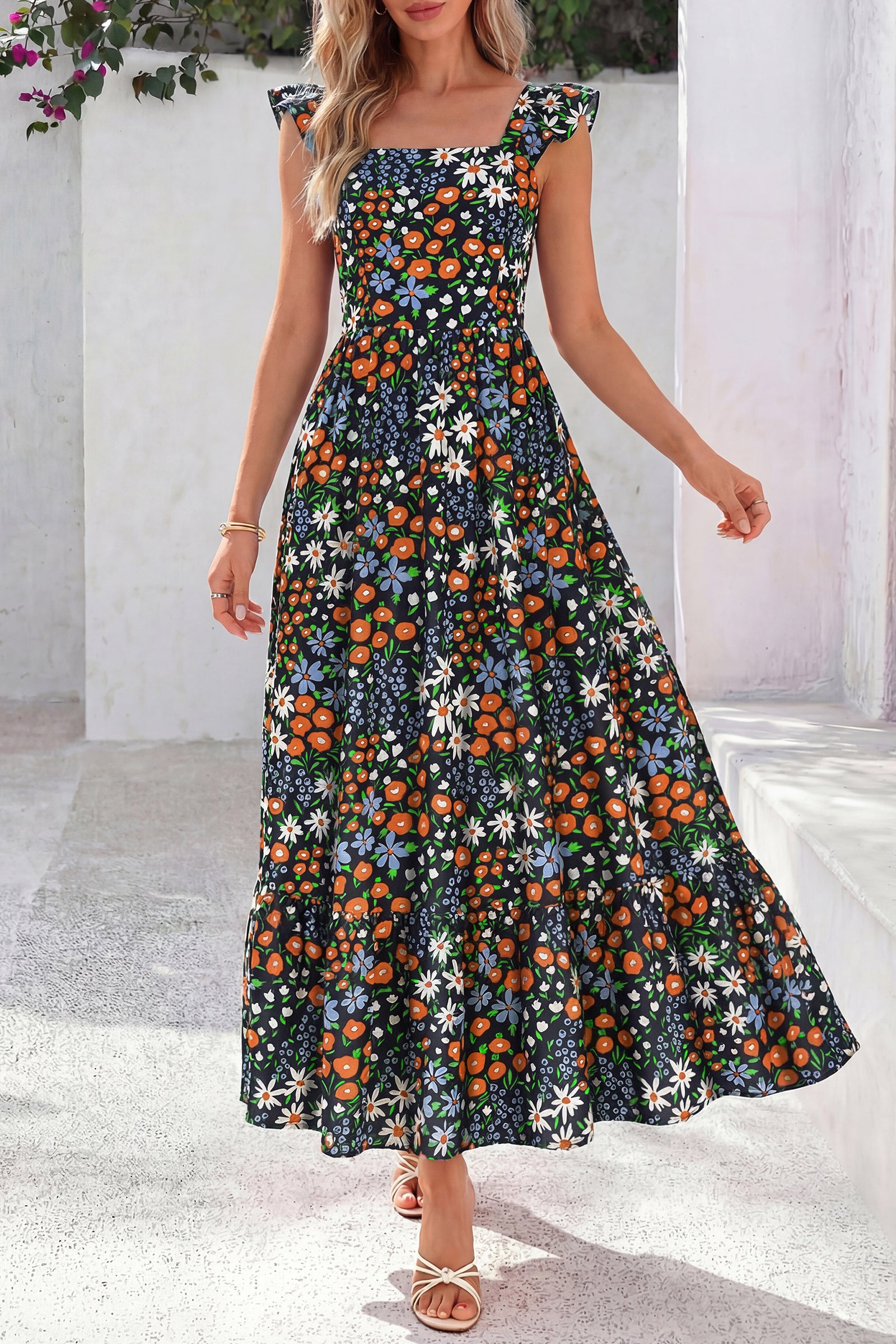 dowerme Womens Summer Dresses 2026 Ruffle Sleeve Square Neck Floral Boho Midi Dress Spring Smocked Beach Party Sundress