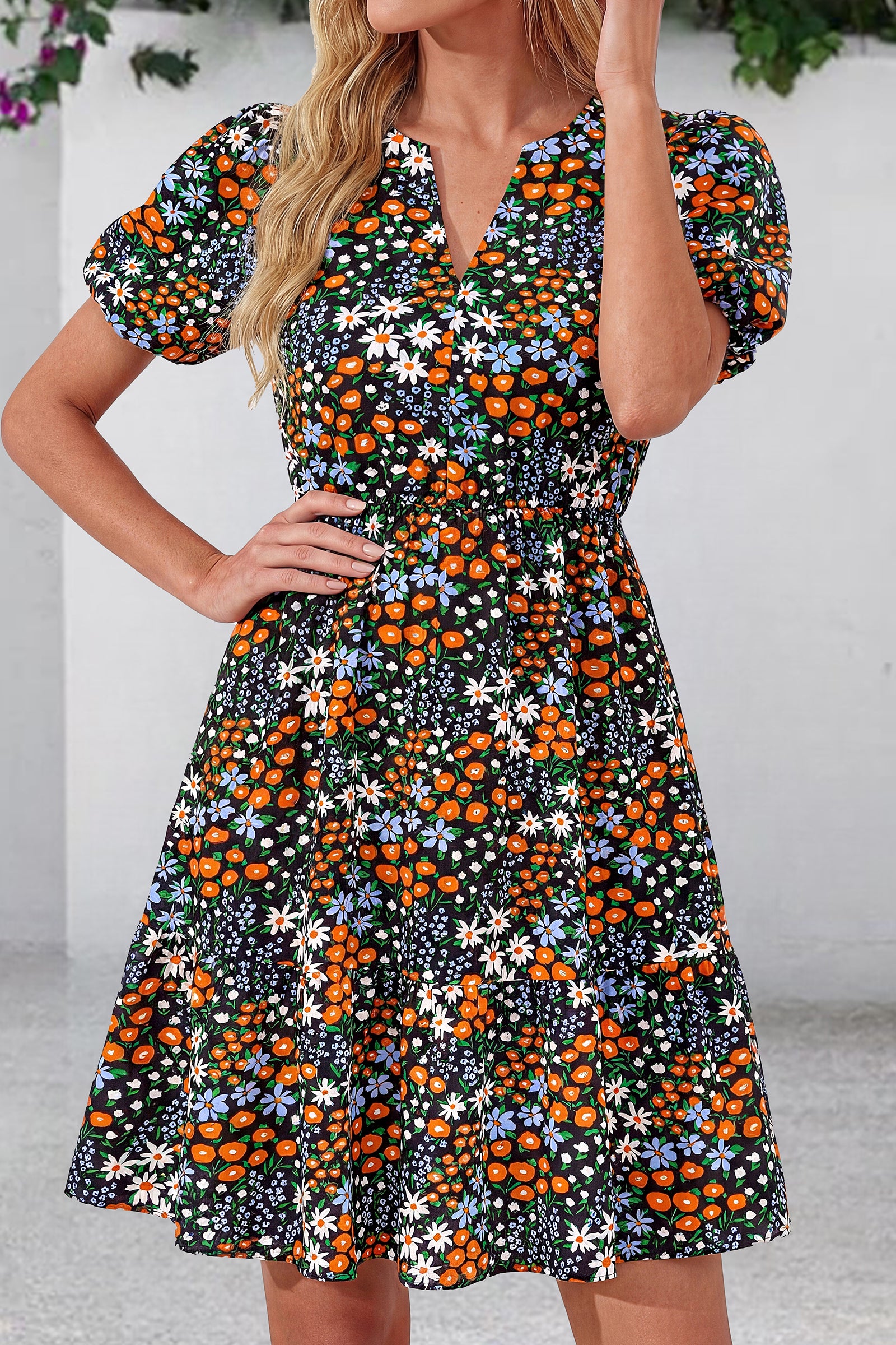 dowerme Women Summer Casual Dresses 2026 Puff Short Sleeve V Neck Floral Boho Midi Dress Flowy Ruffle Spring Sundress