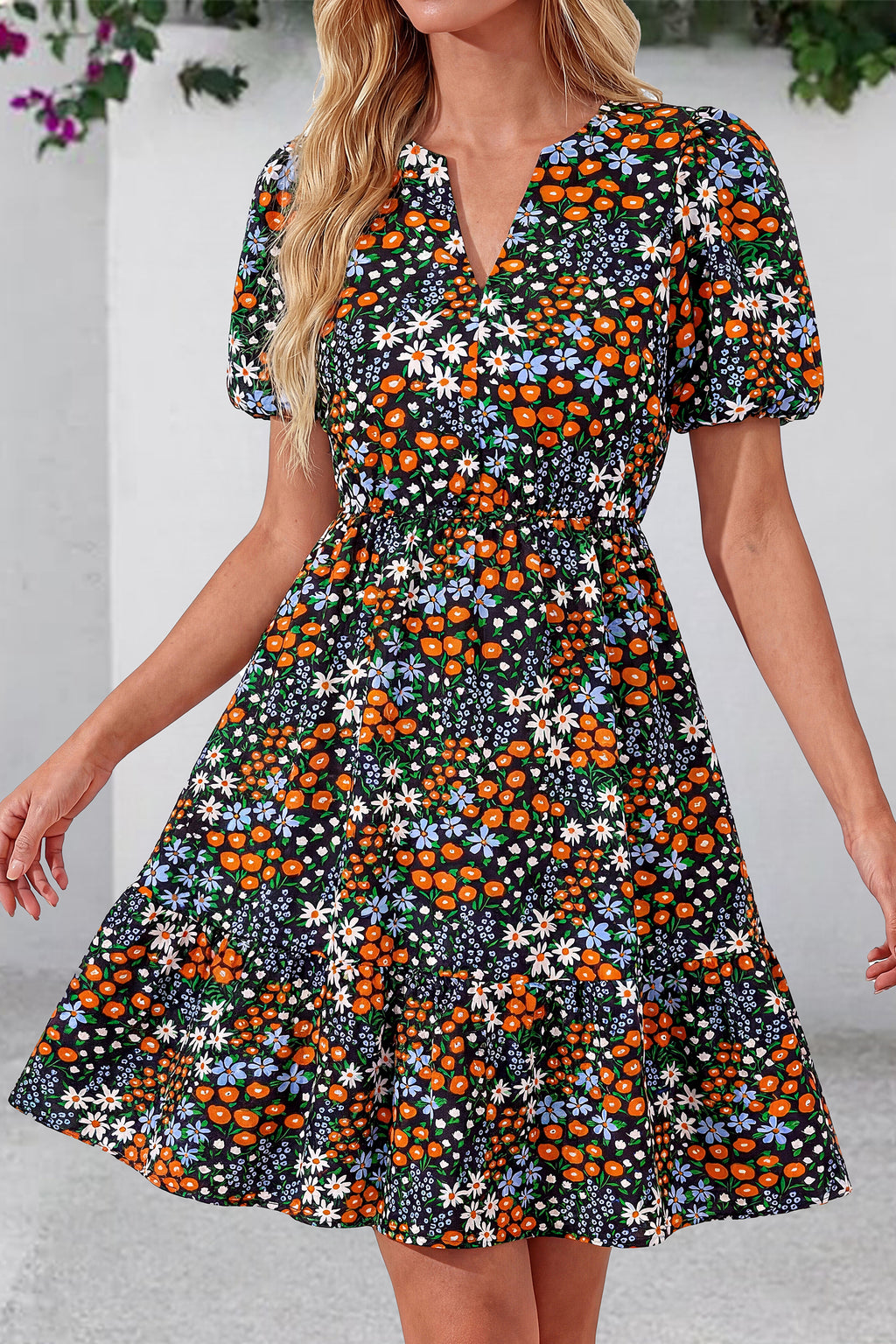 dowerme Women Summer Casual Dresses 2026 Puff Short Sleeve V Neck Floral Boho Midi Dress Flowy Ruffle Spring Sundress